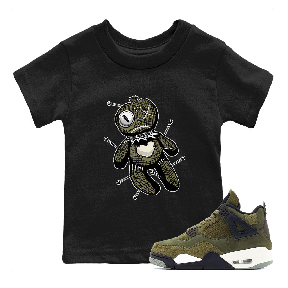 Air Jordan 4 Medium Olive shirt to match jordans streetwear brand Linen Voodoo Doll sneaker match tees 4s Olive Drip Gear Zone Baby Toddler Black 1 T-Shirt