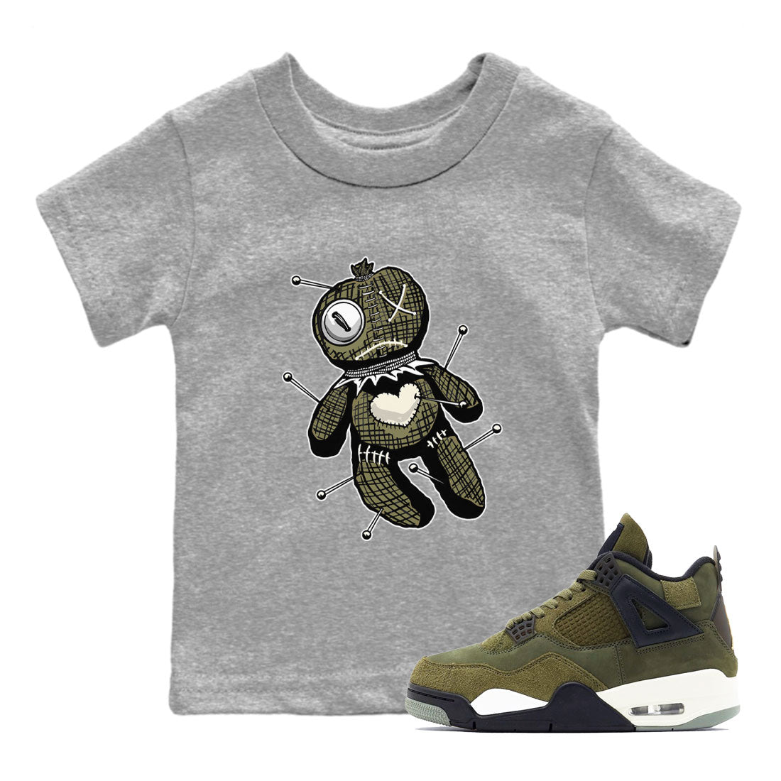Air Jordan 4 Medium Olive shirt to match jordans streetwear brand Linen Voodoo Doll sneaker match tees 4s Olive Drip Gear Zone Baby Toddler Heather Grey 1 T-Shirt