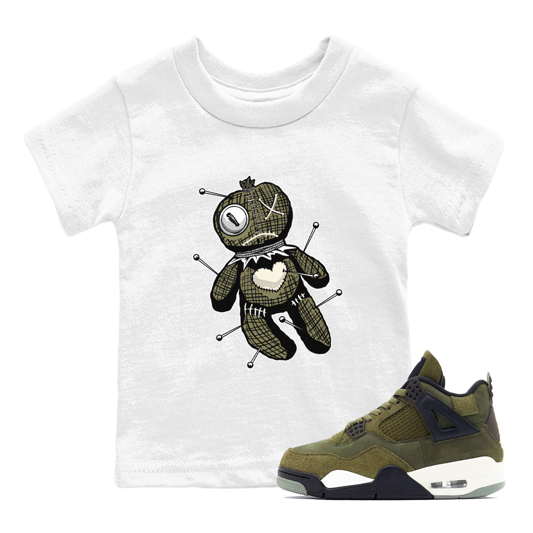 Air Jordan 4 Medium Olive shirt to match jordans streetwear brand Linen Voodoo Doll sneaker match tees 4s Olive Drip Gear Zone Baby Toddler White 1 T-Shirt