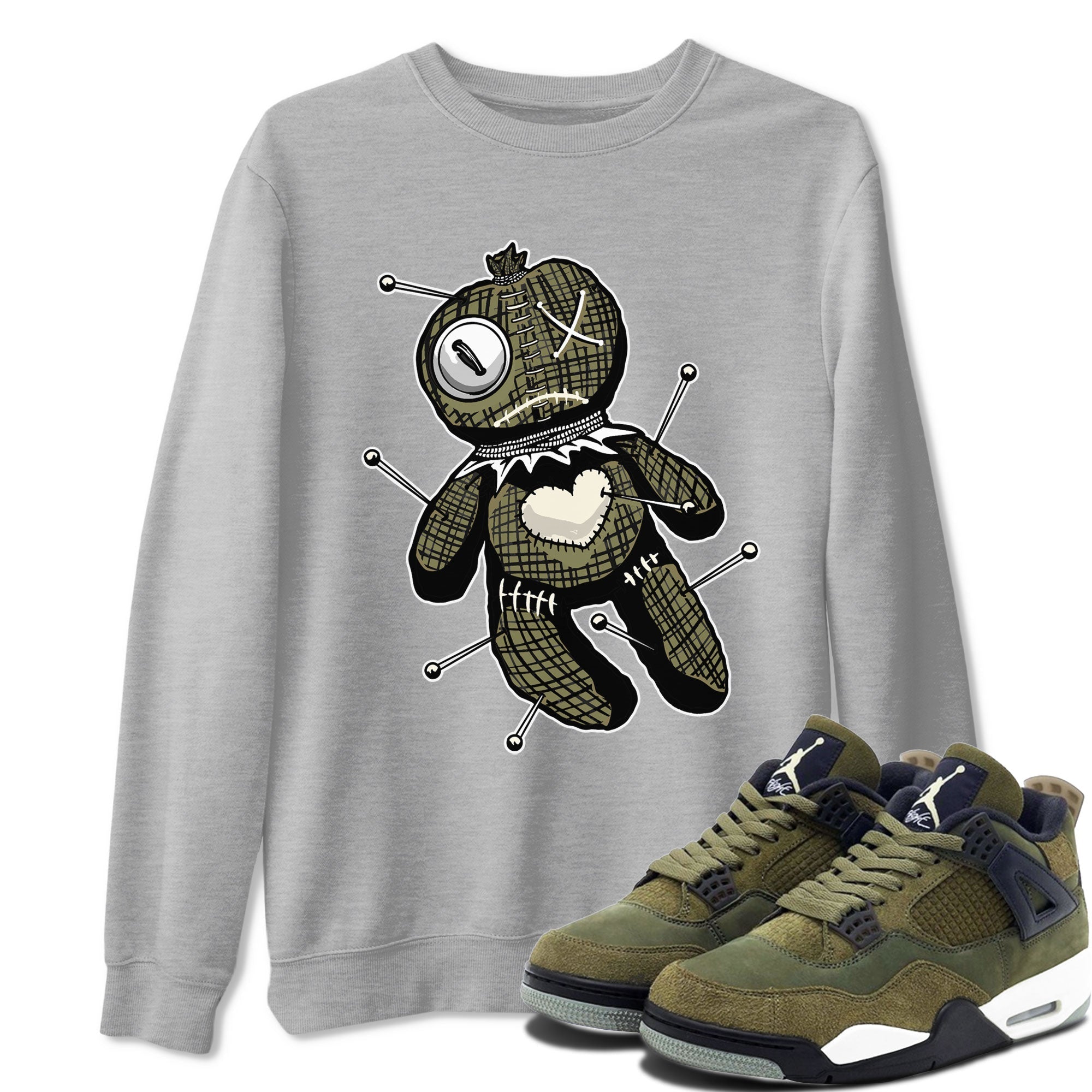 Air Jordan 4 Medium Olive shirt to match jordans streetwear brand Linen Voodoo Doll sneaker match tees 4s Olive Drip Gear Zone Unisex Heather Grey 1 T-Shirt