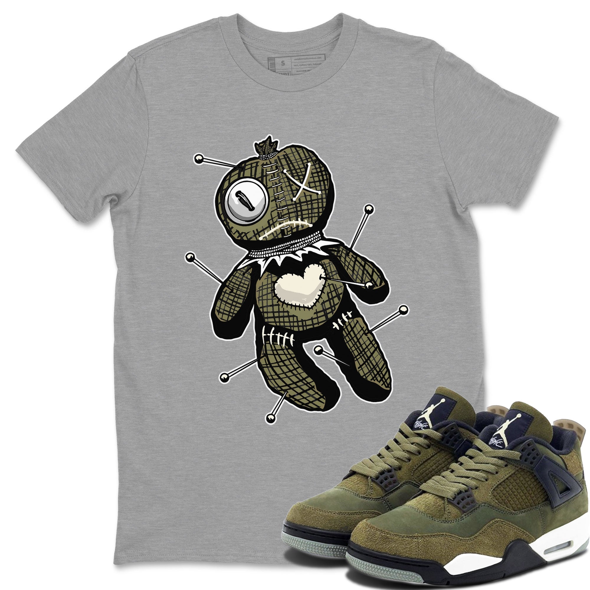 Air Jordan 4 Medium Olive shirt to match jordans streetwear brand Linen Voodoo Doll sneaker match tees 4s Olive Drip Gear Zone Unisex Heather Grey 1 T-Shirt