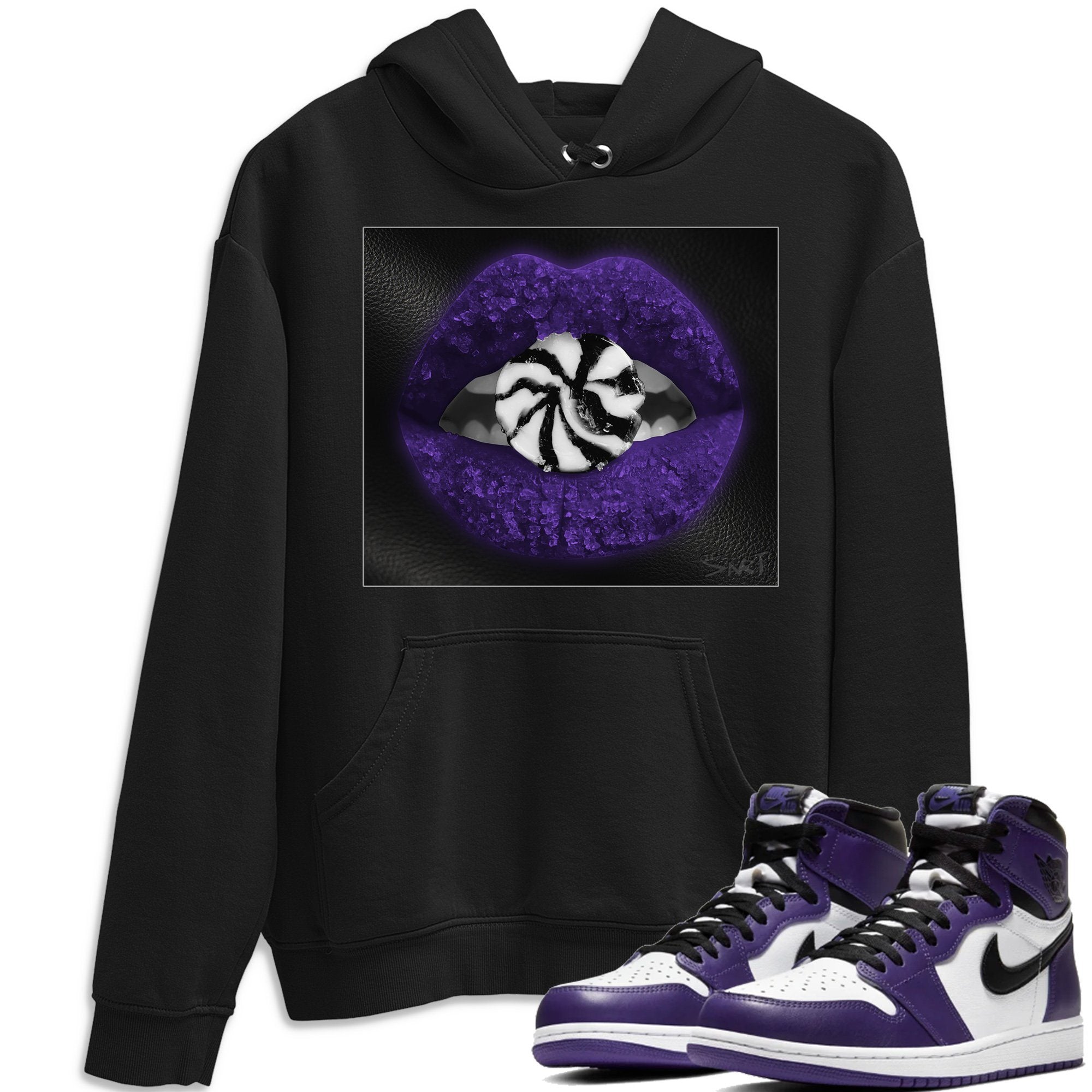 Jordan 1 Court Purple Sneaker Matching T-Shirt Lips Candy Sneaker Tees Jordan 1 Court Purple Sneaker Release Tees Crew Neck Tees