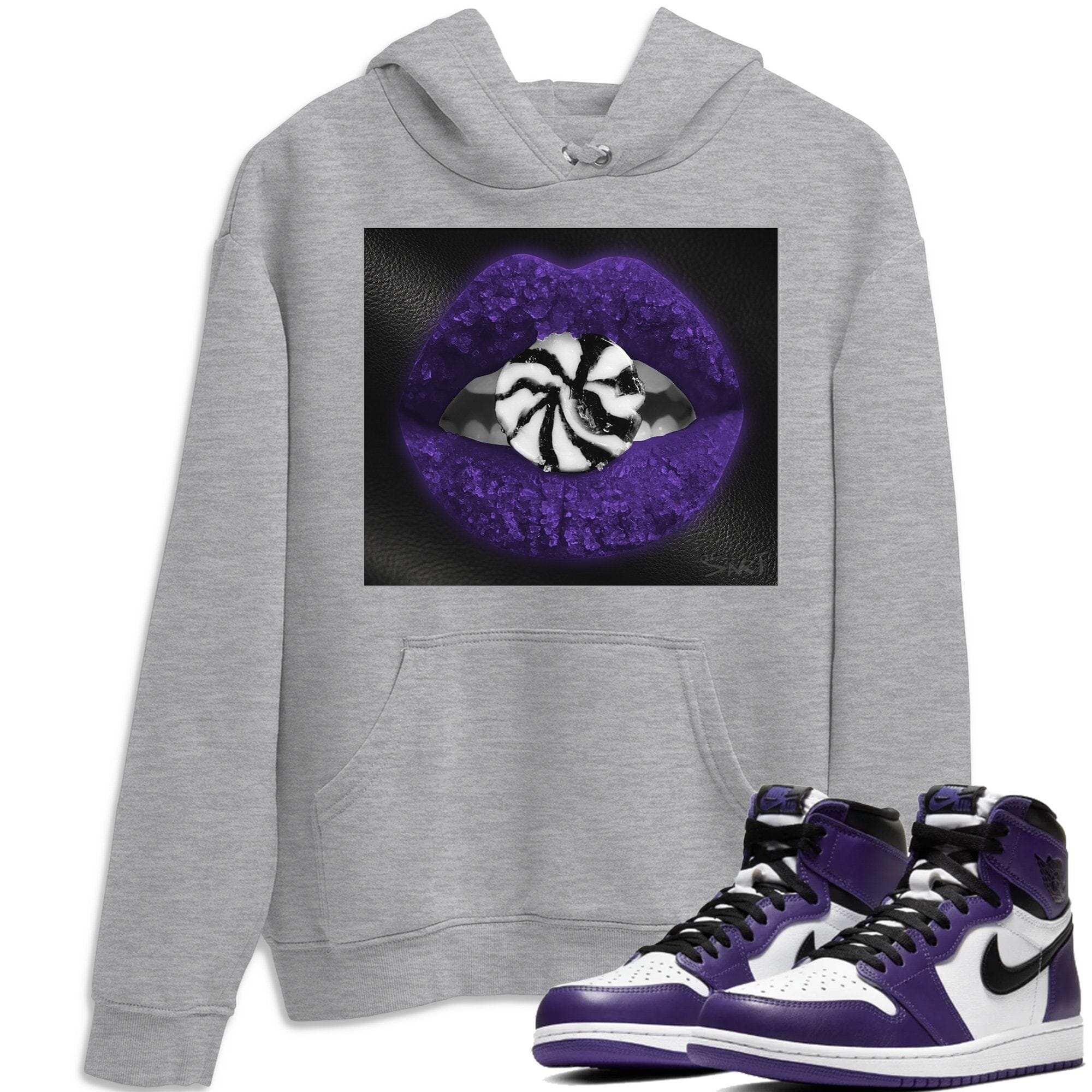 Jordan 1 Court Purple Sneaker Matching T-Shirt Lips Candy Sneaker Tees Jordan 1 Court Purple Sneaker Release Tees Crew Neck Tees