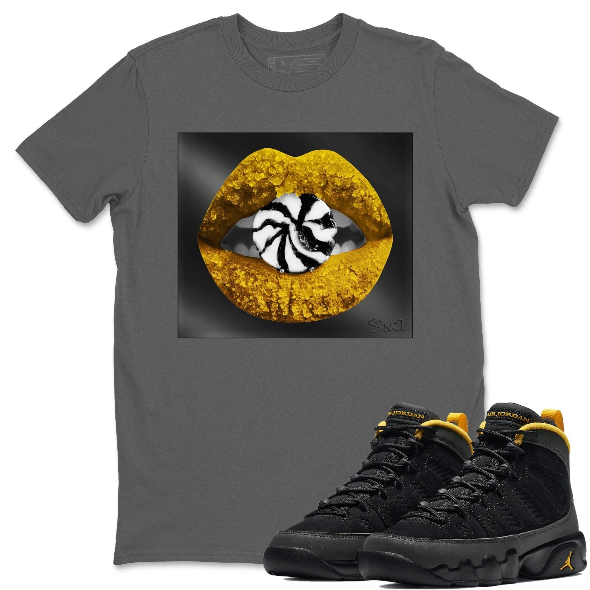Jordan 9 University Gold Shirt To Match Jordans Lips Candy Sneaker Tees Jordan 9 University Gold Drip Gear Zone Sneaker Matching Clothing Unisex Shirts