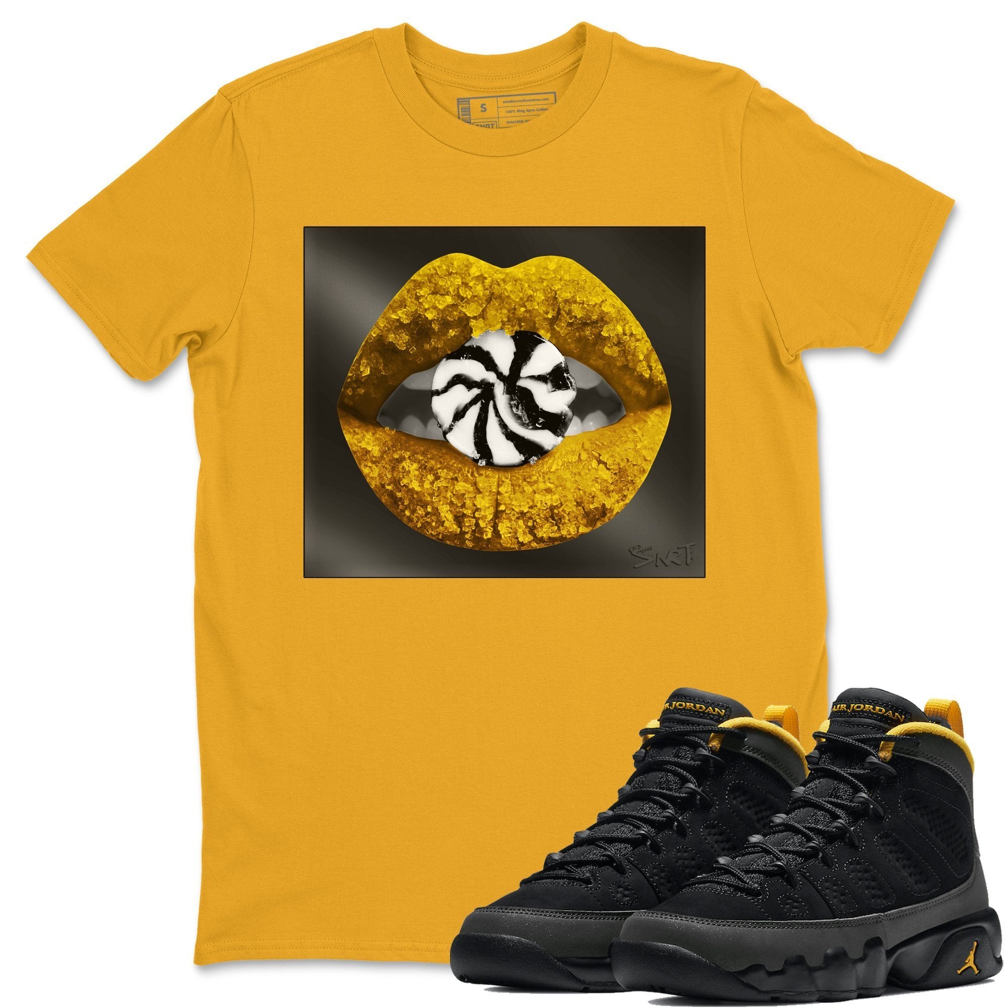 Jordan 9 University Gold Shirt To Match Jordans Lips Candy Sneaker Tees Jordan 9 University Gold Drip Gear Zone Sneaker Matching Clothing Unisex Shirts