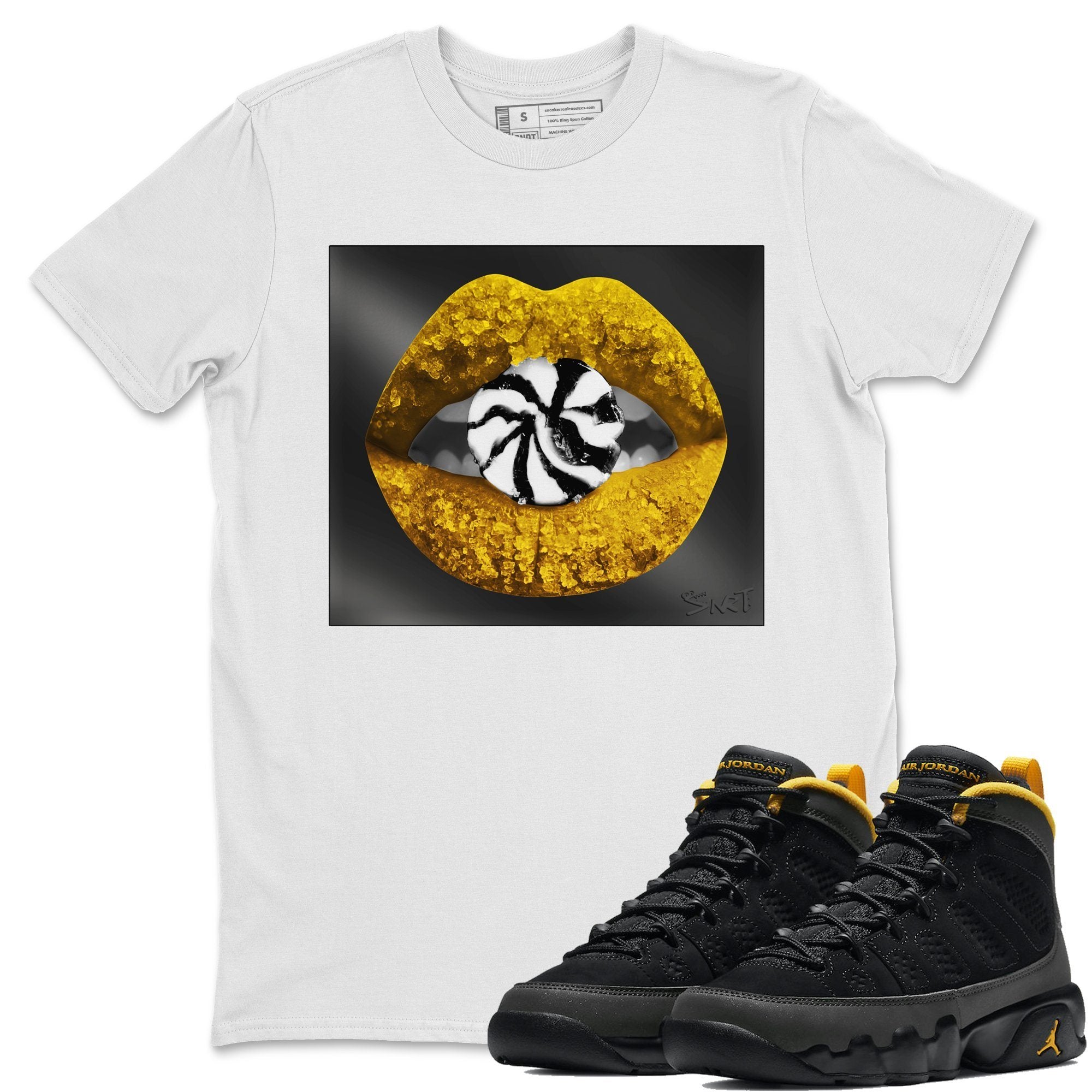 Jordan 9 University Gold Shirt To Match Jordans Lips Candy Sneaker Tees Jordan 9 University Gold Drip Gear Zone Sneaker Matching Clothing Unisex Shirts