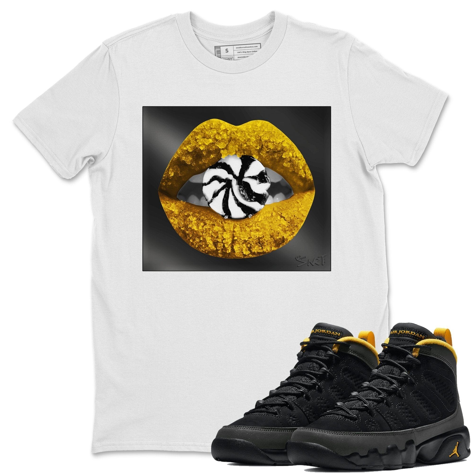 Jordan 9 University Gold Shirt To Match Jordans Lips Candy Sneaker Tees Jordan 9 University Gold Drip Gear Zone Sneaker Matching Clothing Unisex Shirts