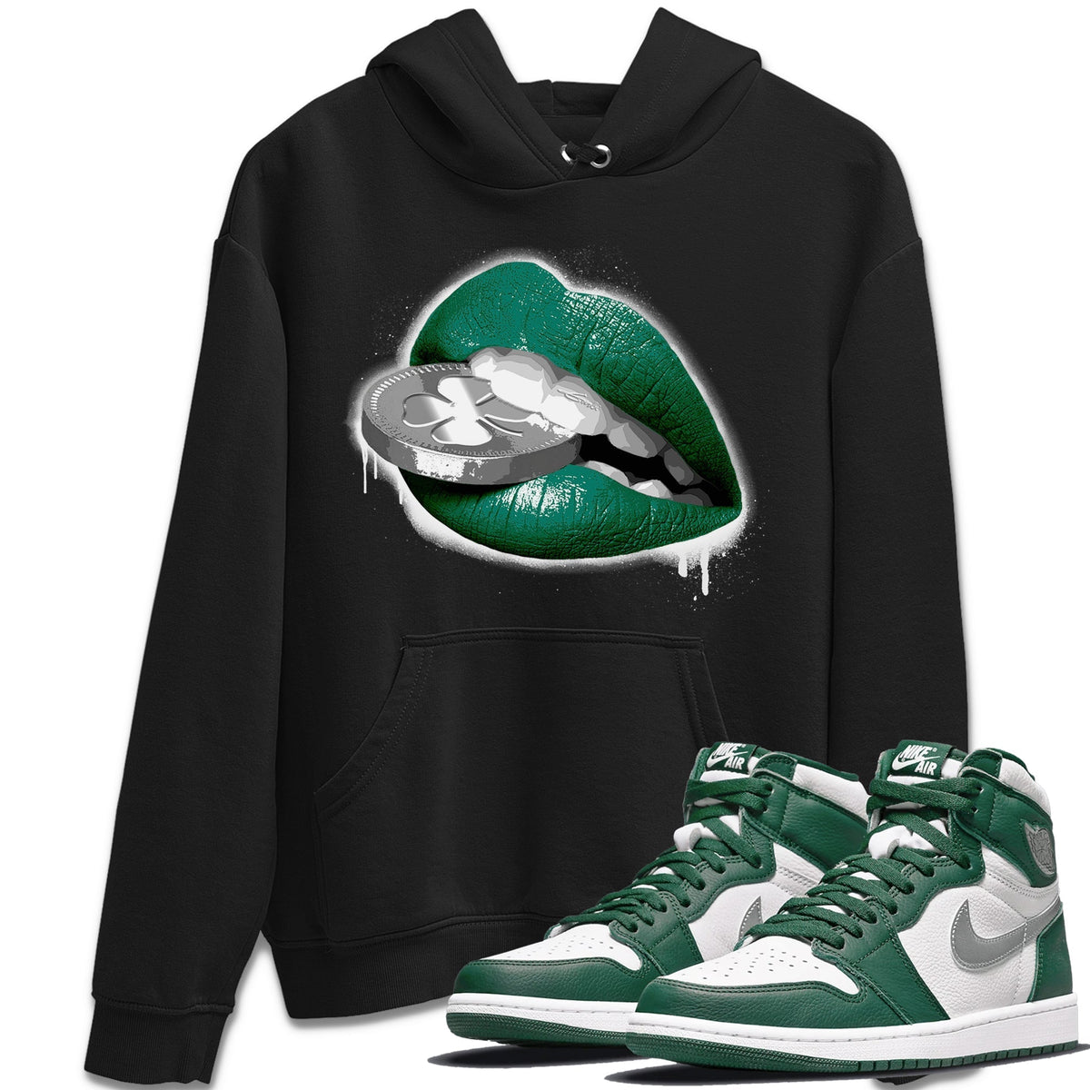 Jordan 1 Gorge Green Sneaker Matching T-Shirt Lips Coin Sneaker Tees Jordan 1 Gorge Green Sneaker Release Tees Crew Neck Tees
