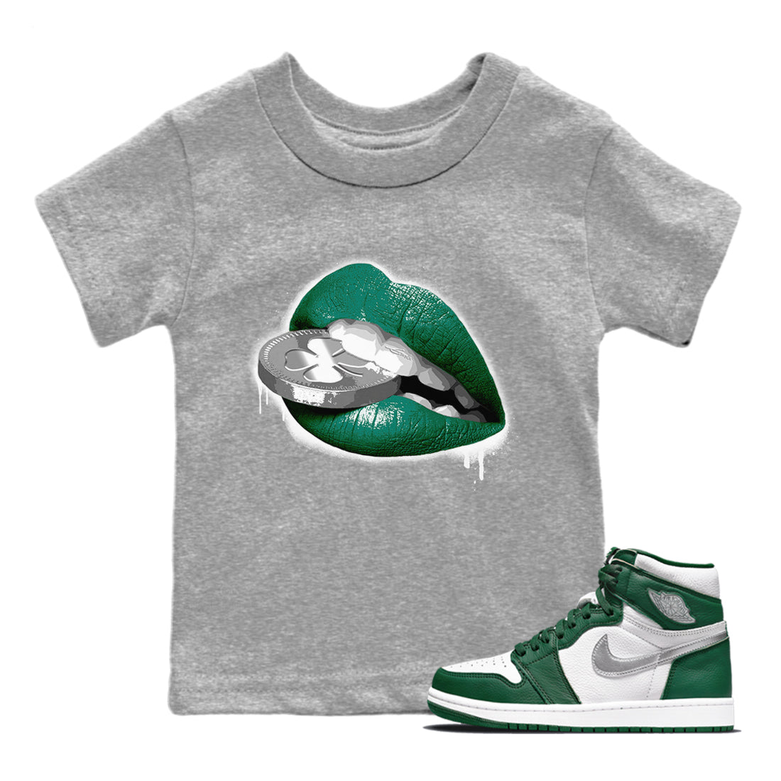 Jordan 1 Gorge Green Sneaker Matching T-Shirt Lips Coin Sneaker Tees Jordan 1 Gorge Green Sneaker Release Tees Kids Shirts