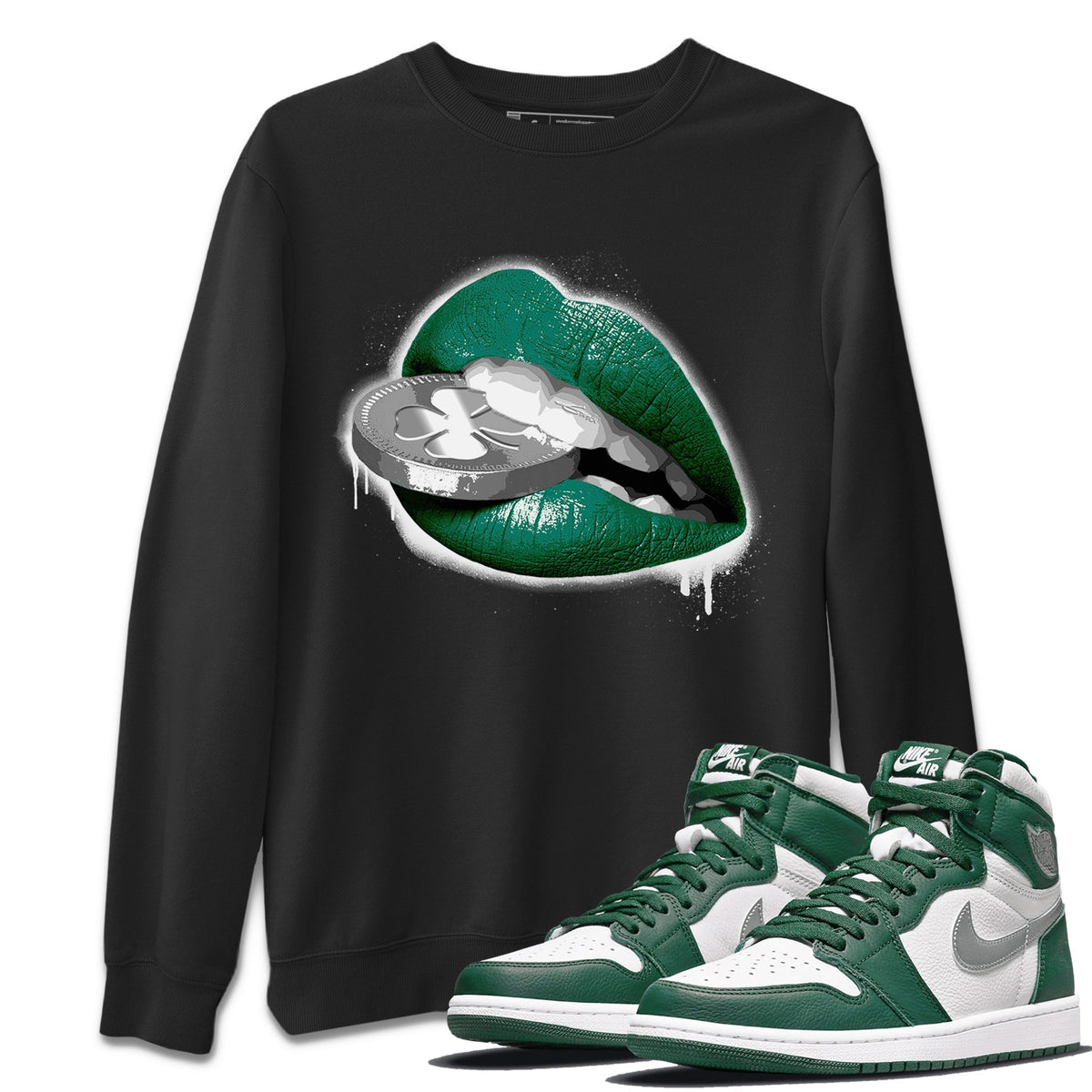 Jordan 1 Gorge Green Sneaker Matching T-Shirt Lips Coin Sneaker Tees Jordan 1 Gorge Green Sneaker Release Tees Crew Neck Tees