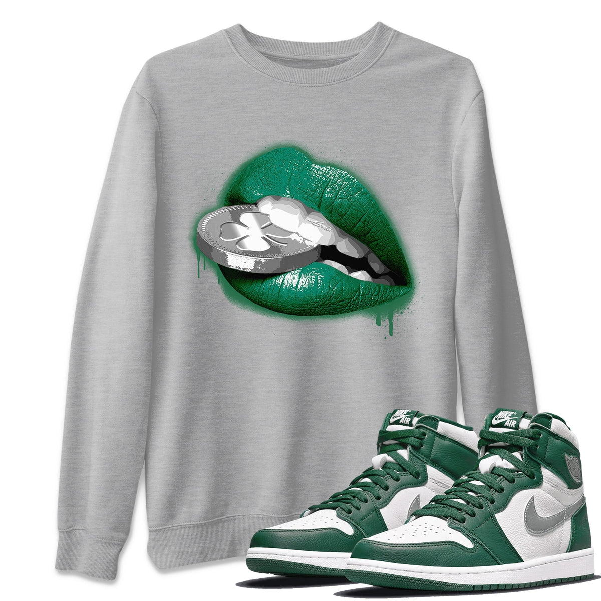 Jordan 1 Gorge Green Sneaker Matching T-Shirt Lips Coin Sneaker Tees Jordan 1 Gorge Green Sneaker Release Tees Crew Neck Tees