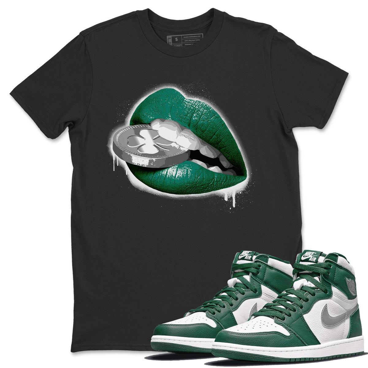 Jordan 1 Gorge Green Sneaker Matching T-Shirt Lips Coin Sneaker Tees Jordan 1 Gorge Green Sneaker Release Tees Crew Neck Tees