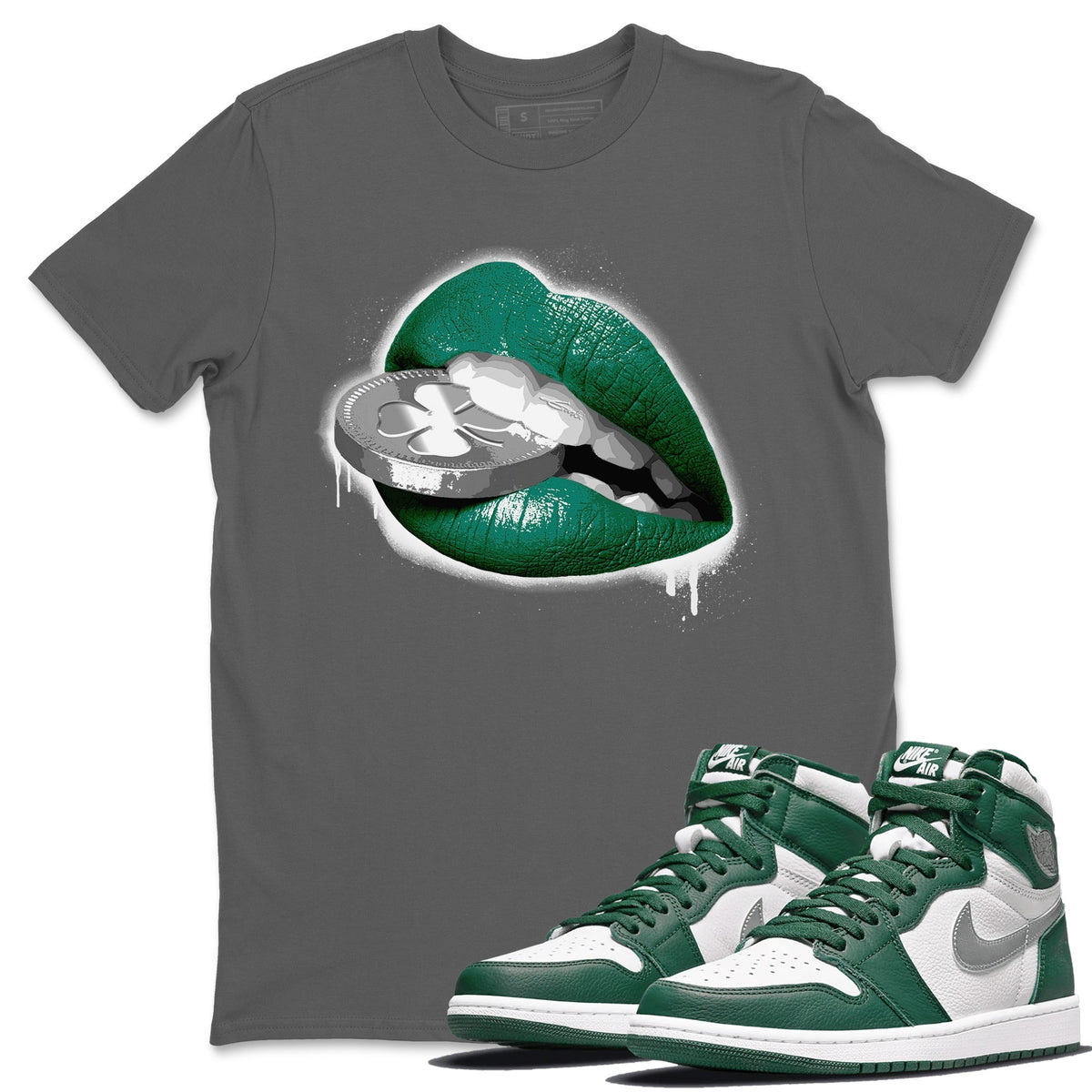 Jordan 1 Gorge Green Sneaker Matching T-Shirt Lips Coin Sneaker Tees Jordan 1 Gorge Green Sneaker Release Tees Crew Neck Tees