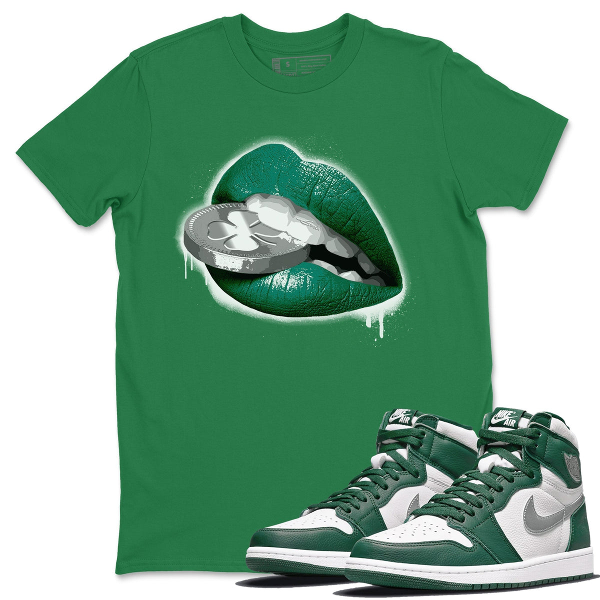 Jordan 1 Gorge Green Sneaker Matching T-Shirt Lips Coin Sneaker Tees Jordan 1 Gorge Green Sneaker Release Tees Crew Neck Tees