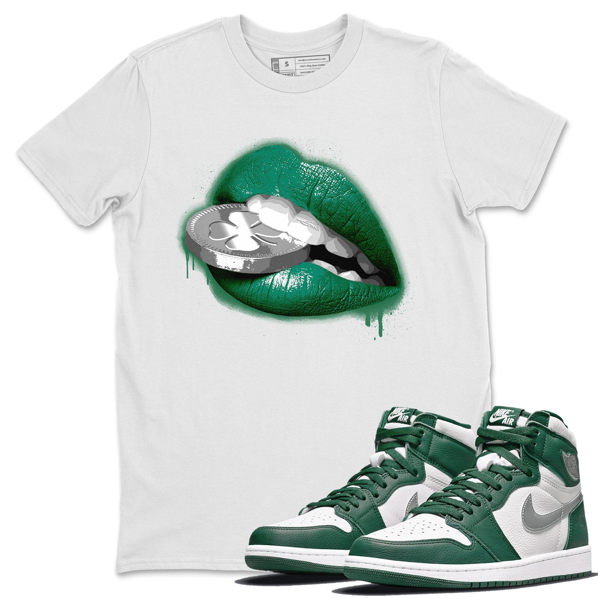Jordan 1 Gorge Green Sneaker Matching T-Shirt Lips Coin Sneaker Tees Jordan 1 Gorge Green Sneaker Release Tees Crew Neck Tees