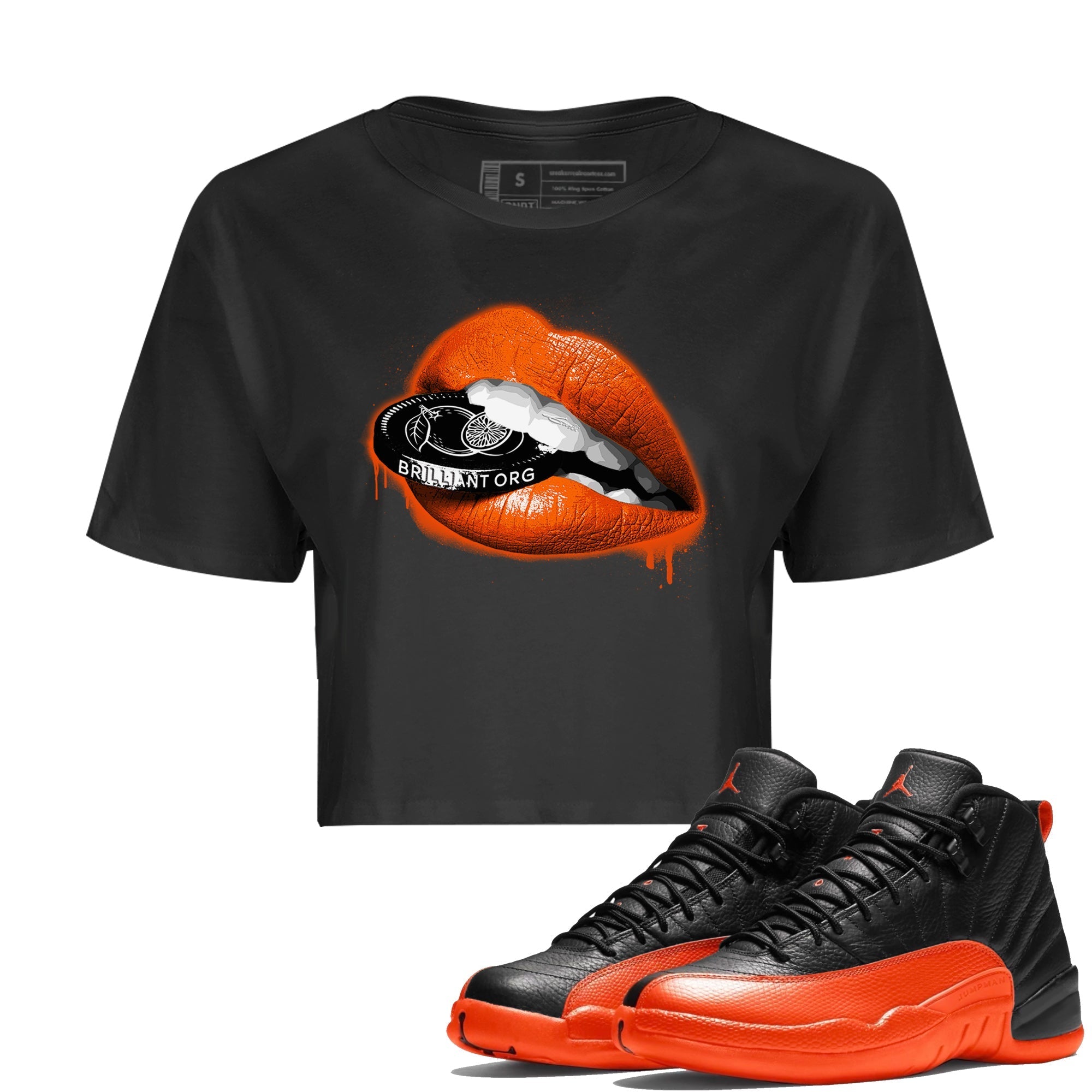 Air Jordan 12 Brilliant Orange Sneaker Match Tees Lips Coin Streetwear Sneaker Shirt 12s Brilliant Orange Tee Women's Shirts Black 1