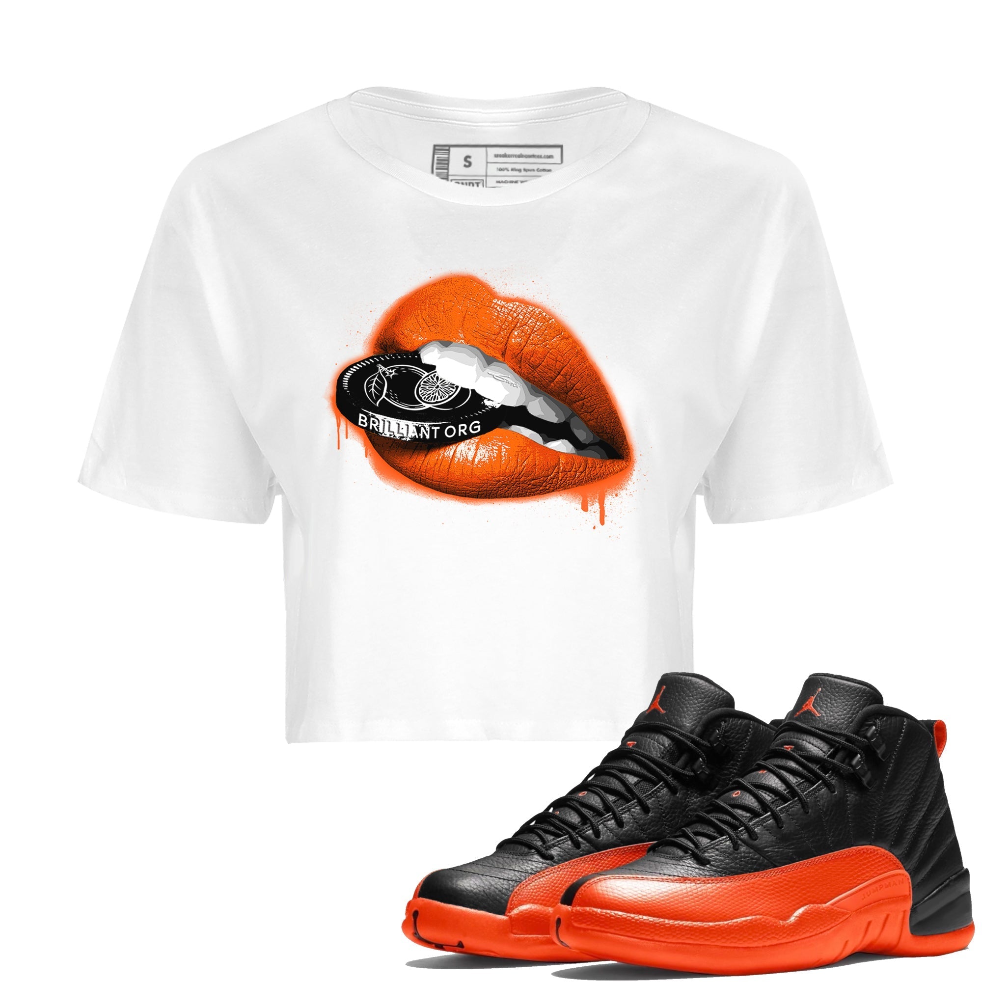 Air Jordan 12 Brilliant Orange Sneaker Match Tees Lips Coin Streetwear Sneaker Shirt 12s Brilliant Orange Tee Women's Shirts White 1
