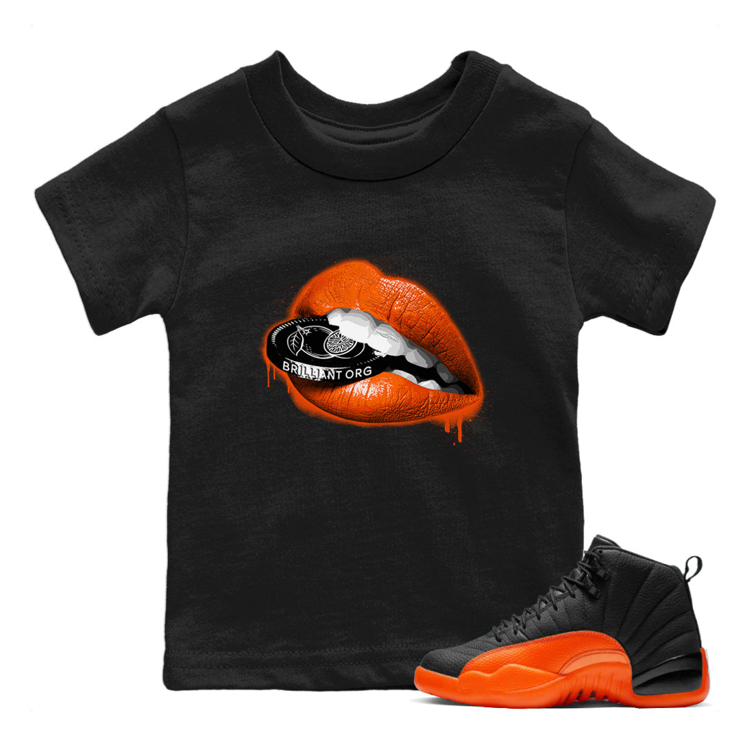 Air Jordan 12 Brilliant Orange Sneaker Match Tees Lips Coin Streetwear Sneaker Shirt 12s Brilliant Orange Tee Kids Shirts Black 1