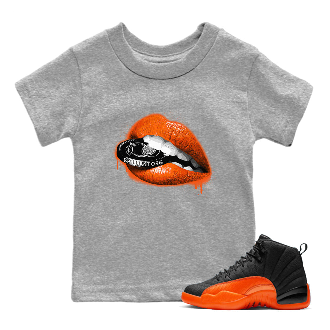 Air Jordan 12 Brilliant Orange Sneaker Match Tees Lips Coin Streetwear Sneaker Shirt 12s Brilliant Orange Tee Kids Shirts Heather Grey 1