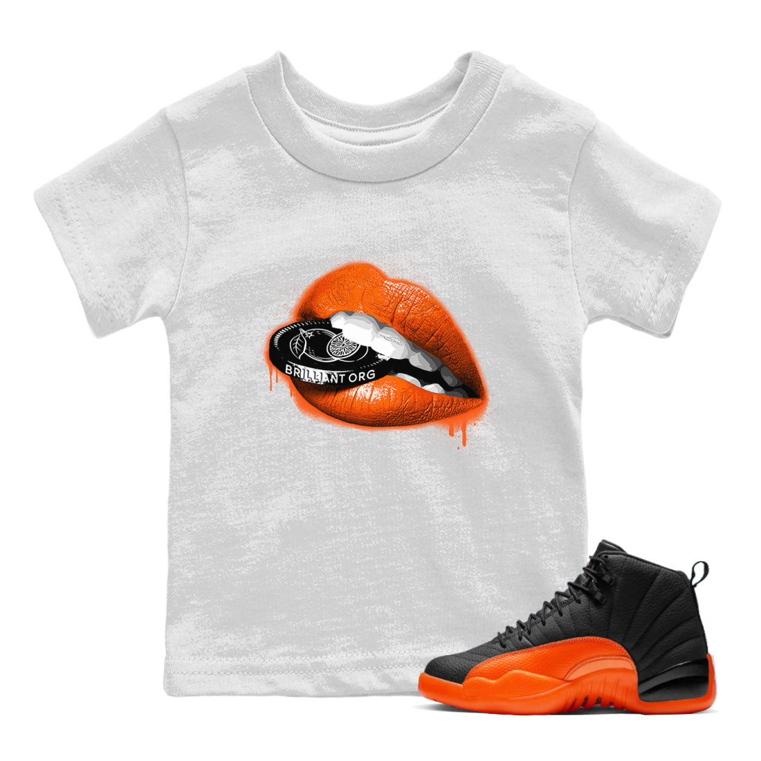 Air Jordan 12 Brilliant Orange Sneaker Match Tees Lips Coin Streetwear Sneaker Shirt 12s Brilliant Orange Tee Kids Shirts White 1