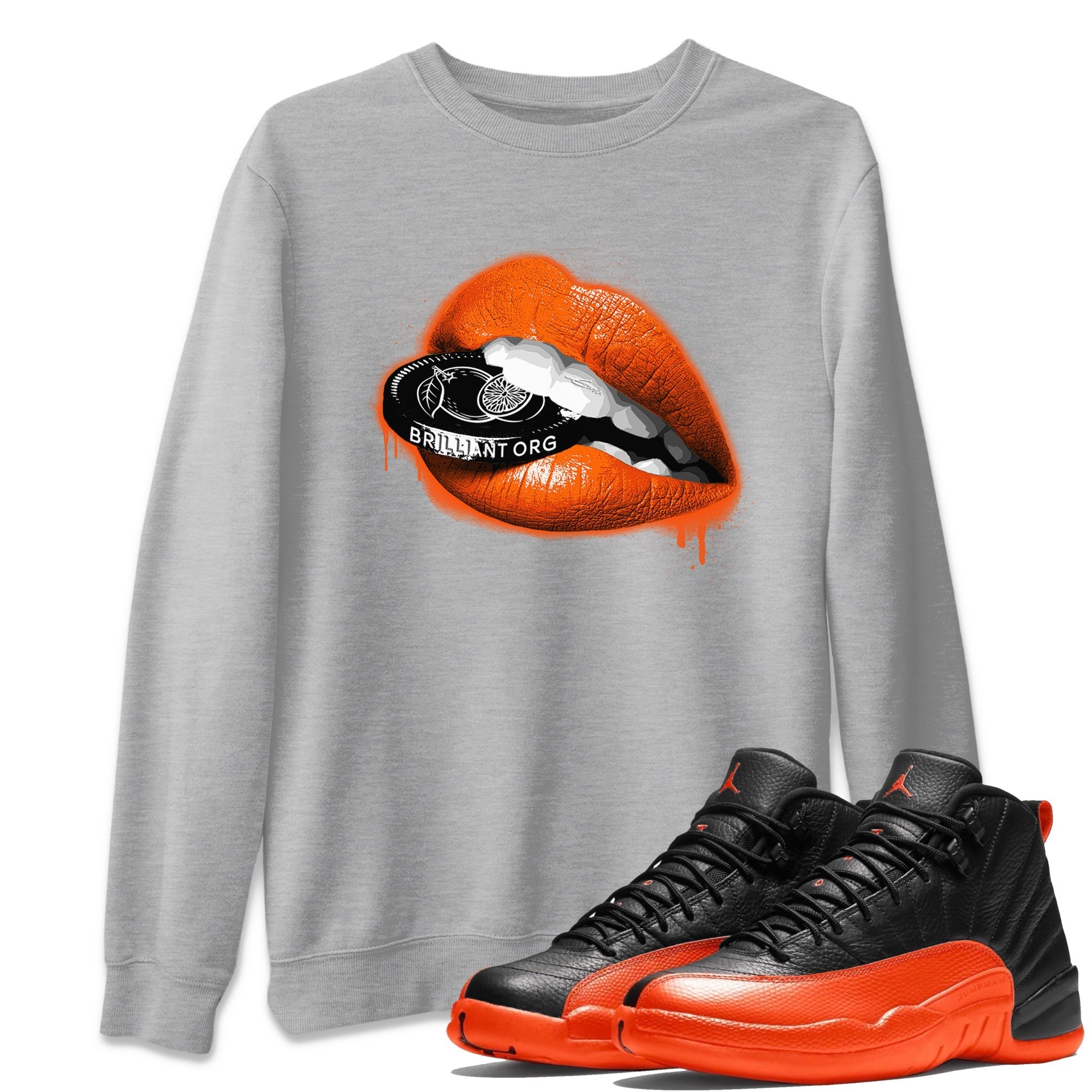 Air Jordan 12 Brilliant Orange Sneaker Match Tees Lips Coin Streetwear Sneaker Shirt 12s Brilliant Orange Tee Unisex Shirts Heather Grey 1