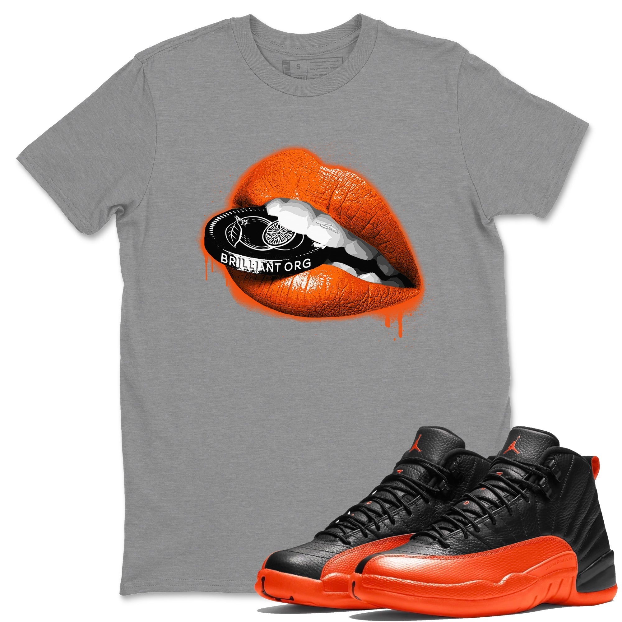 Air Jordan 12 Brilliant Orange Sneaker Match Tees Lips Coin Streetwear Sneaker Shirt 12s Brilliant Orange Tee Unisex Shirts Heather Grey 1