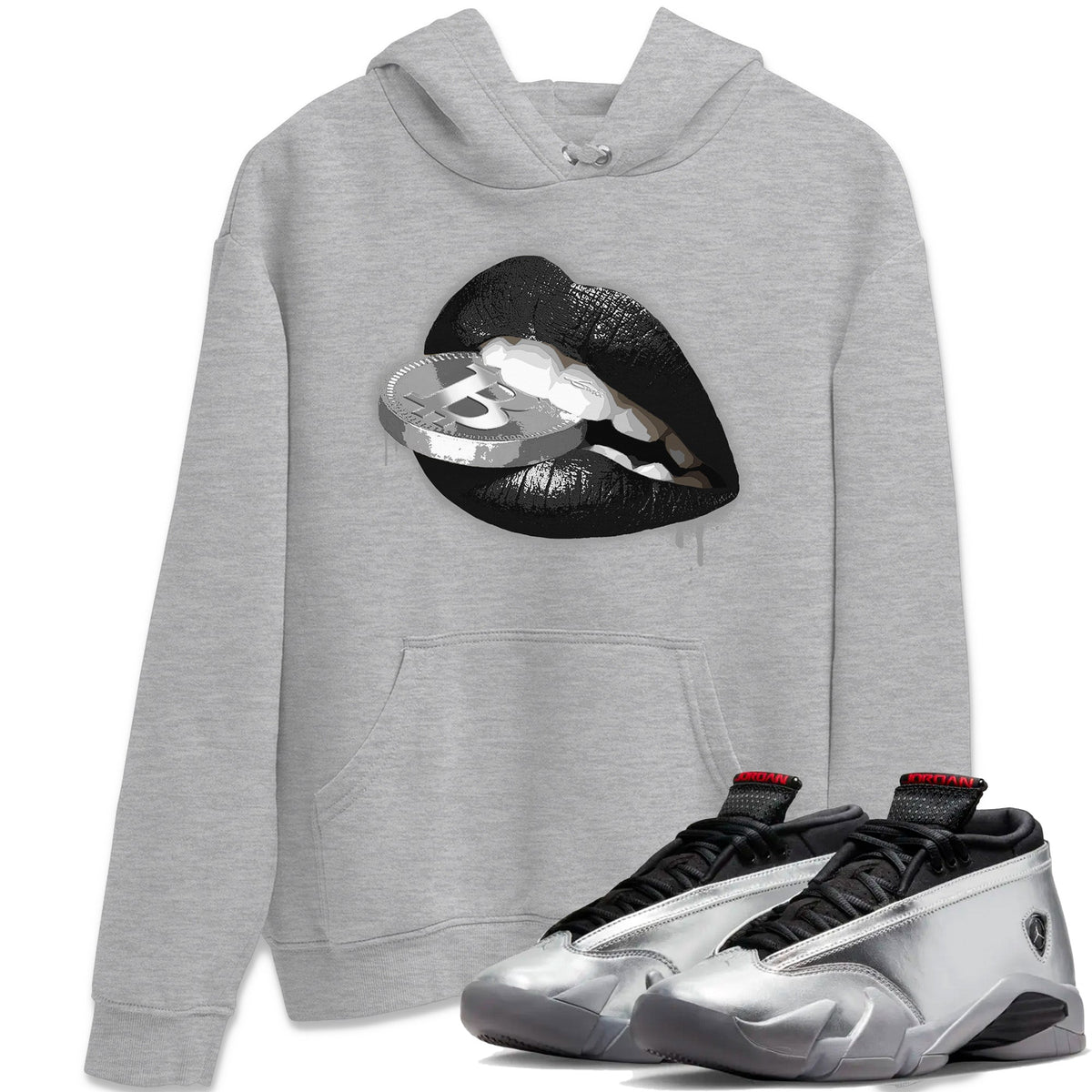 Air Jordan 14 Metallic Silver Sneaker Match Tees Lips Coin Streetwear Sneaker Shirt Jordan 14 WMNS Metallic Silver Sneaker Release Tees Unisex Shirts Heather Grey 1