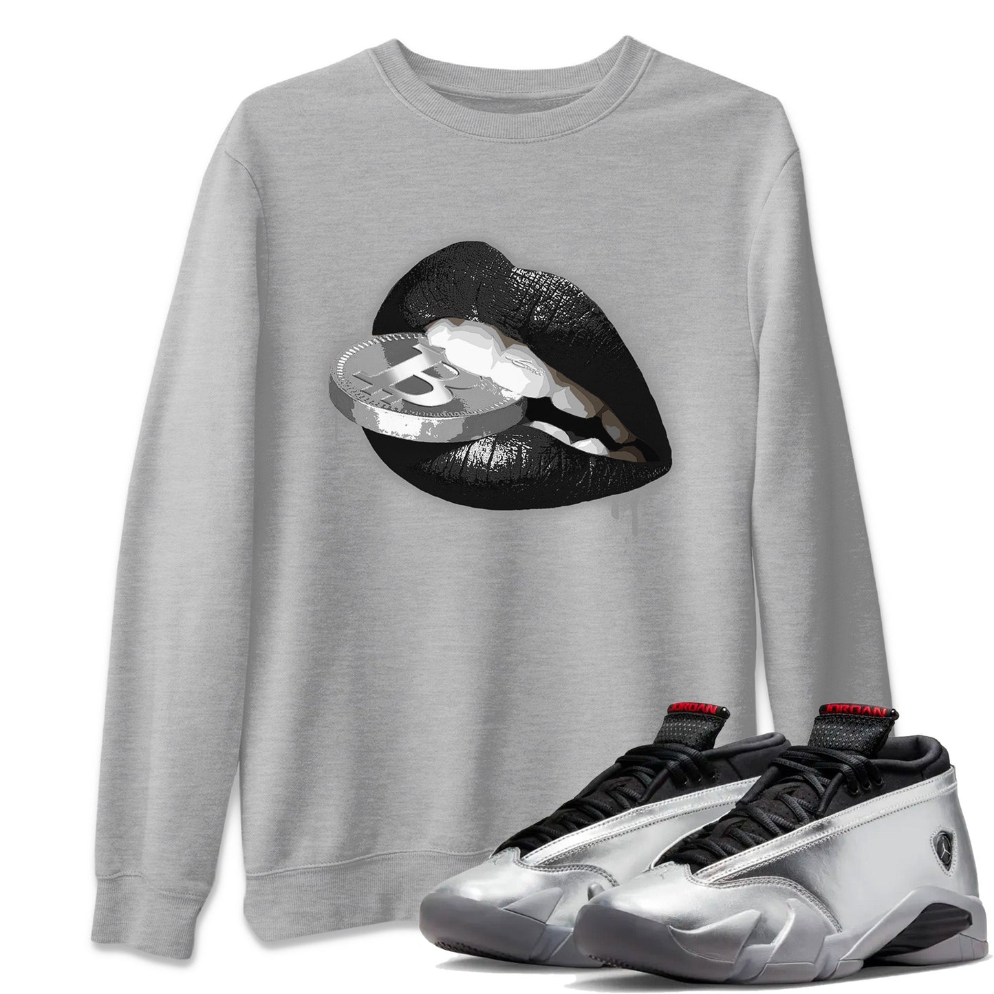 Air Jordan 14 Metallic Silver Sneaker Match Tees Lips Coin Streetwear Sneaker Shirt Jordan 14 WMNS Metallic Silver Sneaker Release Tees Unisex Shirts Heather Grey 1