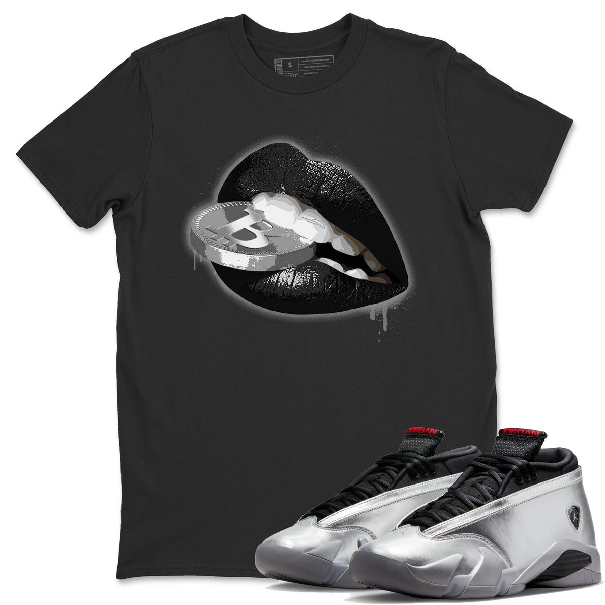 Air Jordan 14 Metallic Silver Sneaker Match Tees Lips Coin Streetwear Sneaker Shirt Jordan 14 WMNS Metallic Silver Sneaker Release Tees Unisex Shirts Black 1
