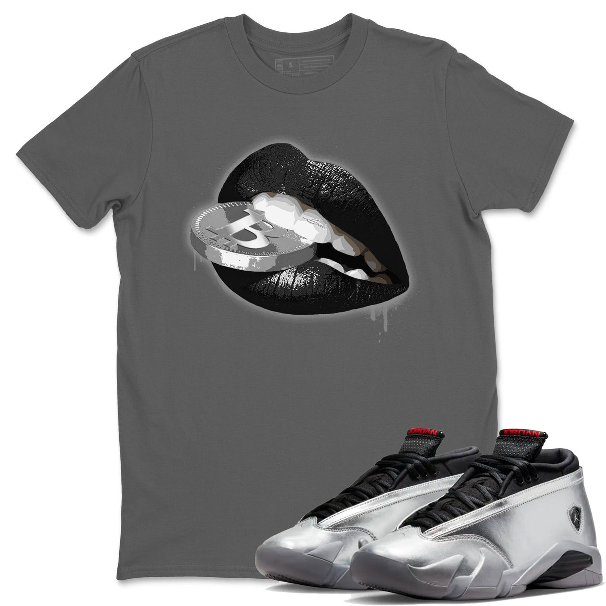 Air Jordan 14 Metallic Silver Lips Coin Crew Neck Streetwear Sneaker Shirt Jordan 14 WMNS Metallic Silver Sneaker T-Shirts Size Chart
