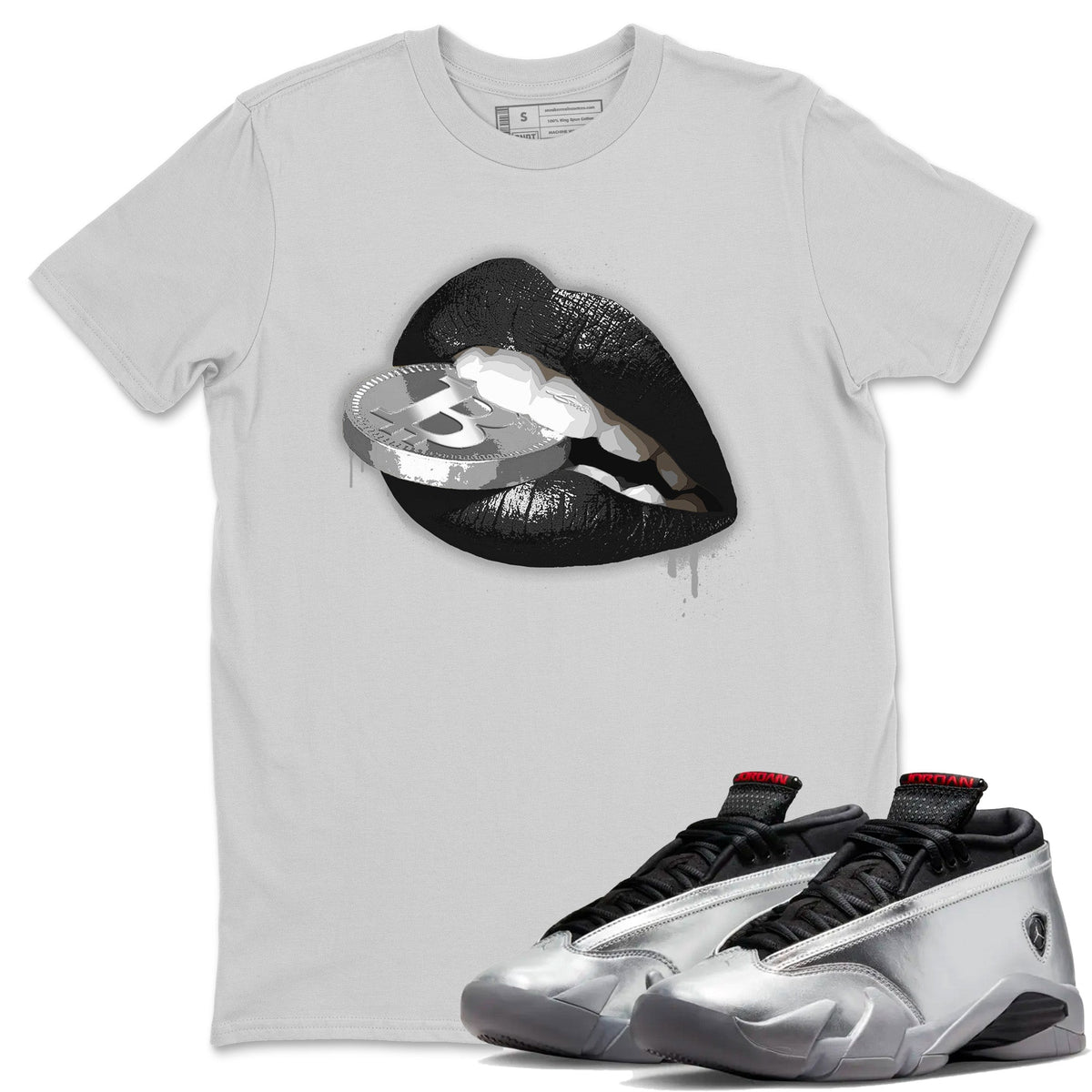 Air Jordan 14 Metallic Silver Lips Coin Crew Neck Streetwear Sneaker Shirt Jordan 14 WMNS Metallic Silver Sneaker T-Shirts Washing and Care Tip