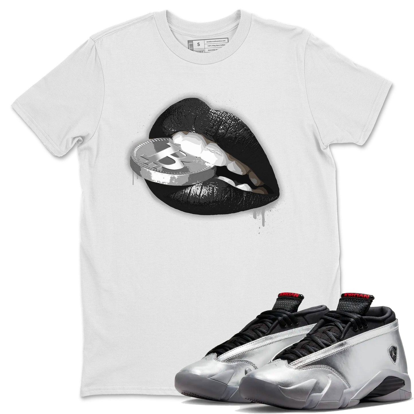 Air Jordan 14 Metallic Silver Sneaker Match Tees Lips Coin Streetwear Sneaker Shirt Jordan 14 WMNS Metallic Silver Sneaker Release Tees Unisex Shirts White 1