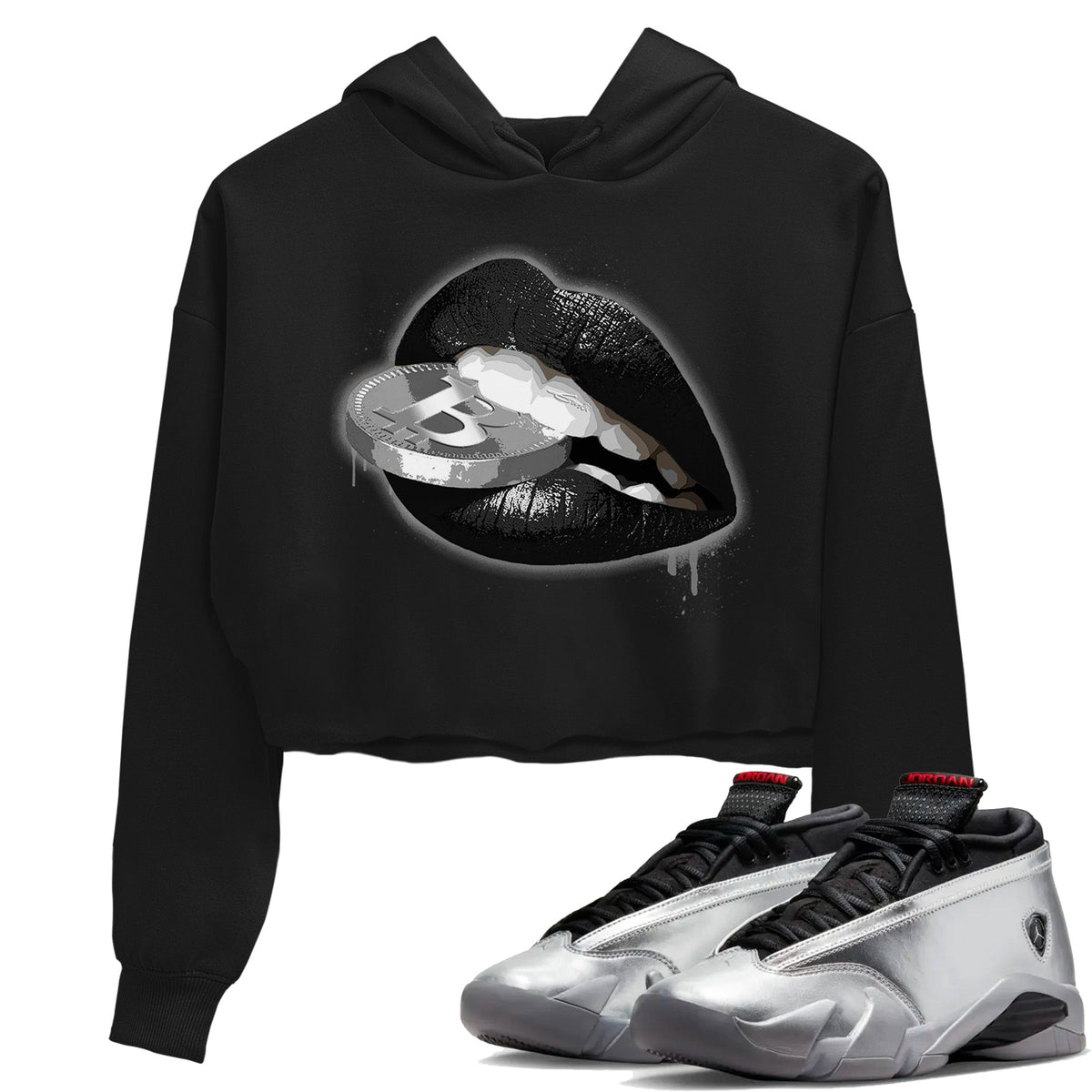 Air Jordan 14 Metallic Silver Sneaker Match Tees Lips Coin Streetwear Sneaker Shirt Jordan 14 WMNS Metallic Silver Sneaker Release Tees Women's Shirts Black 1