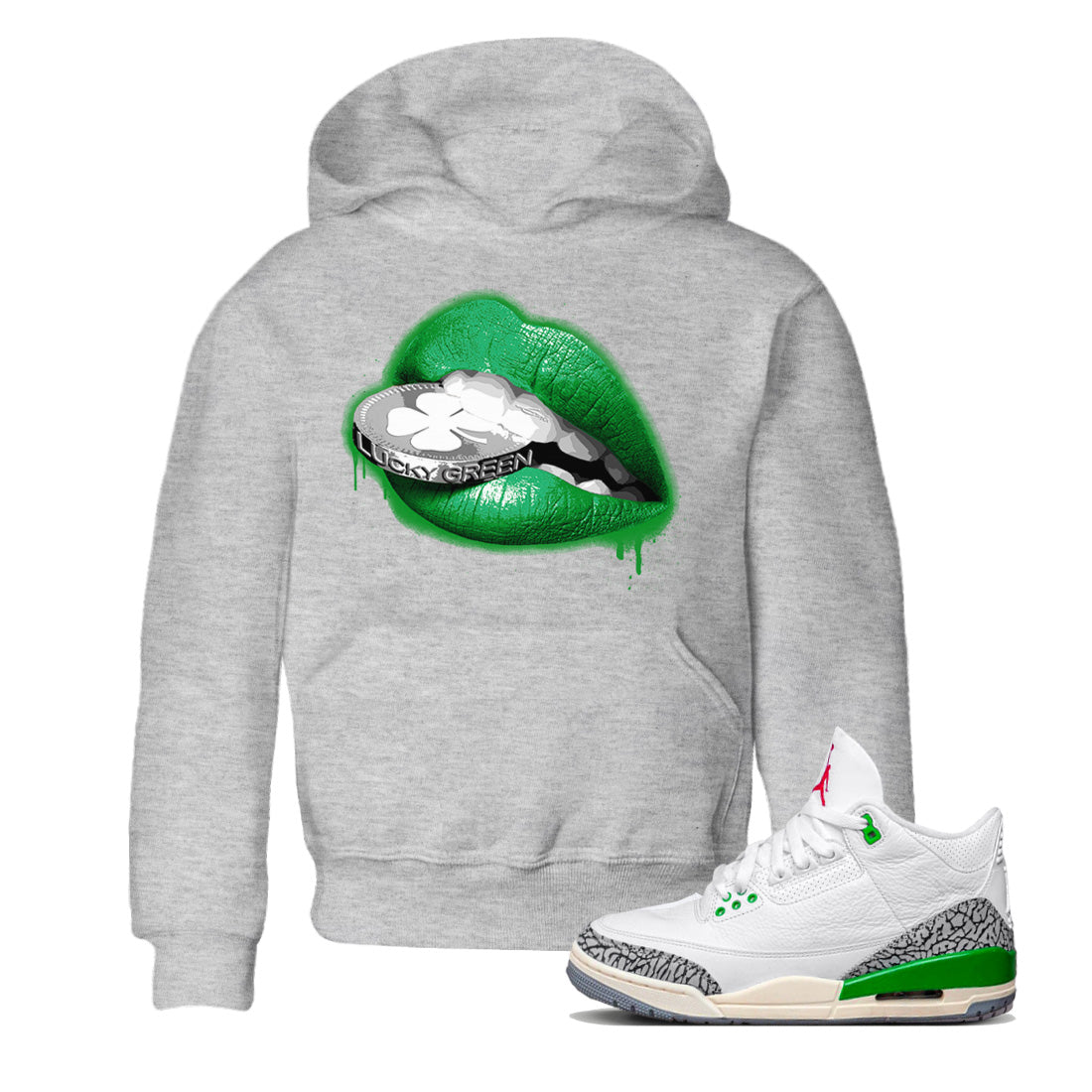 Air Jordan 3 Lucky Green Shirt To Match Jordans Lips Coin Sneaker Tees Air Jordan 3 WMNS Lucky Green Drip Gear Zone Sneaker Matching Clothing Kids Shirts Heather Grey 1