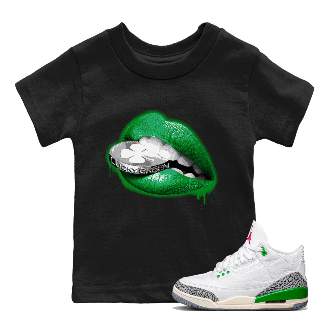 Air Jordan 3 Lucky Green Shirt To Match Jordans Lips Coin Sneaker Tees Air Jordan 3 WMNS Lucky Green Drip Gear Zone Sneaker Matching Clothing Kids Shirts Black 1