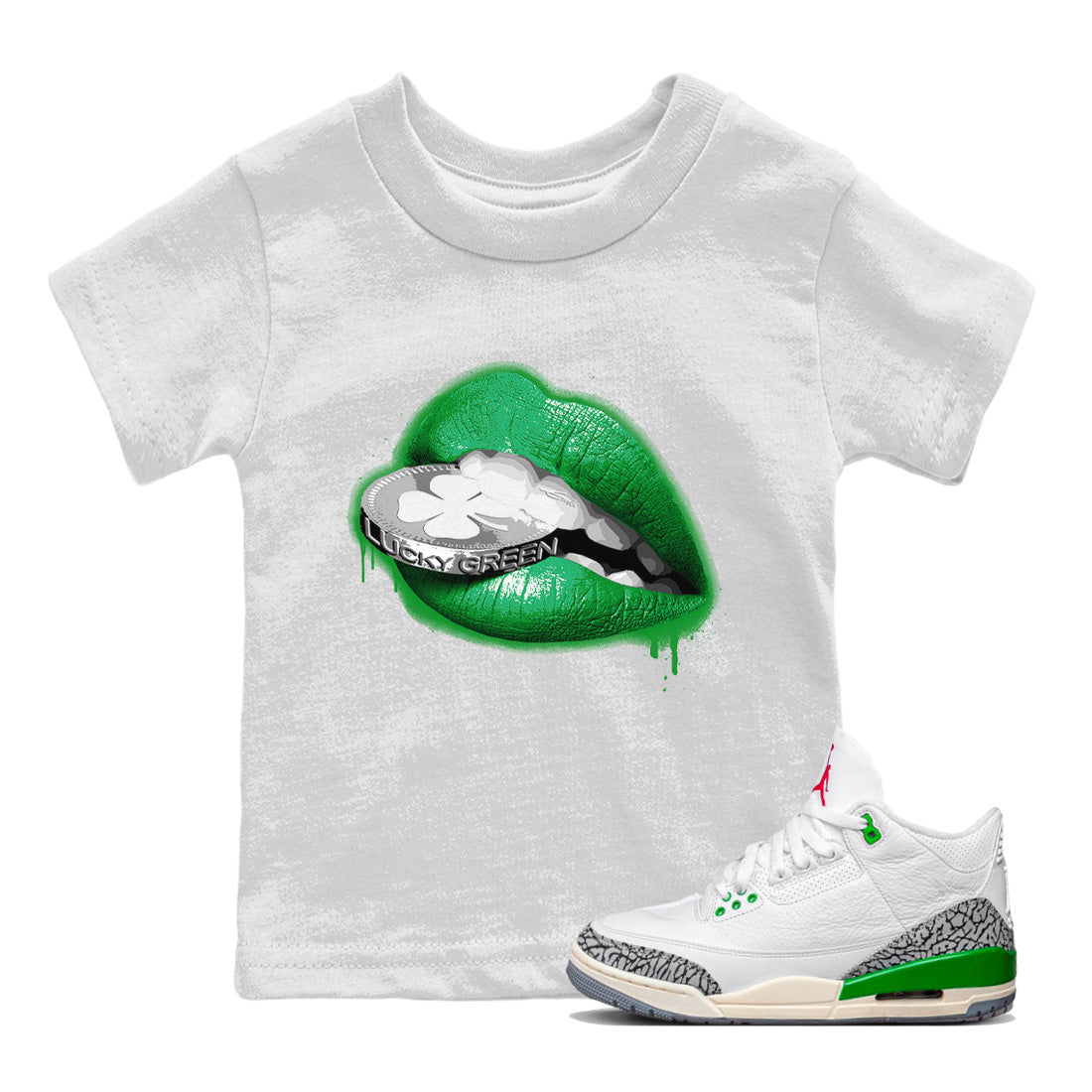 Air Jordan 3 Lucky Green Shirt To Match Jordans Lips Coin Sneaker Tees Air Jordan 3 WMNS Lucky Green Drip Gear Zone Sneaker Matching Clothing Kids Shirts White 1