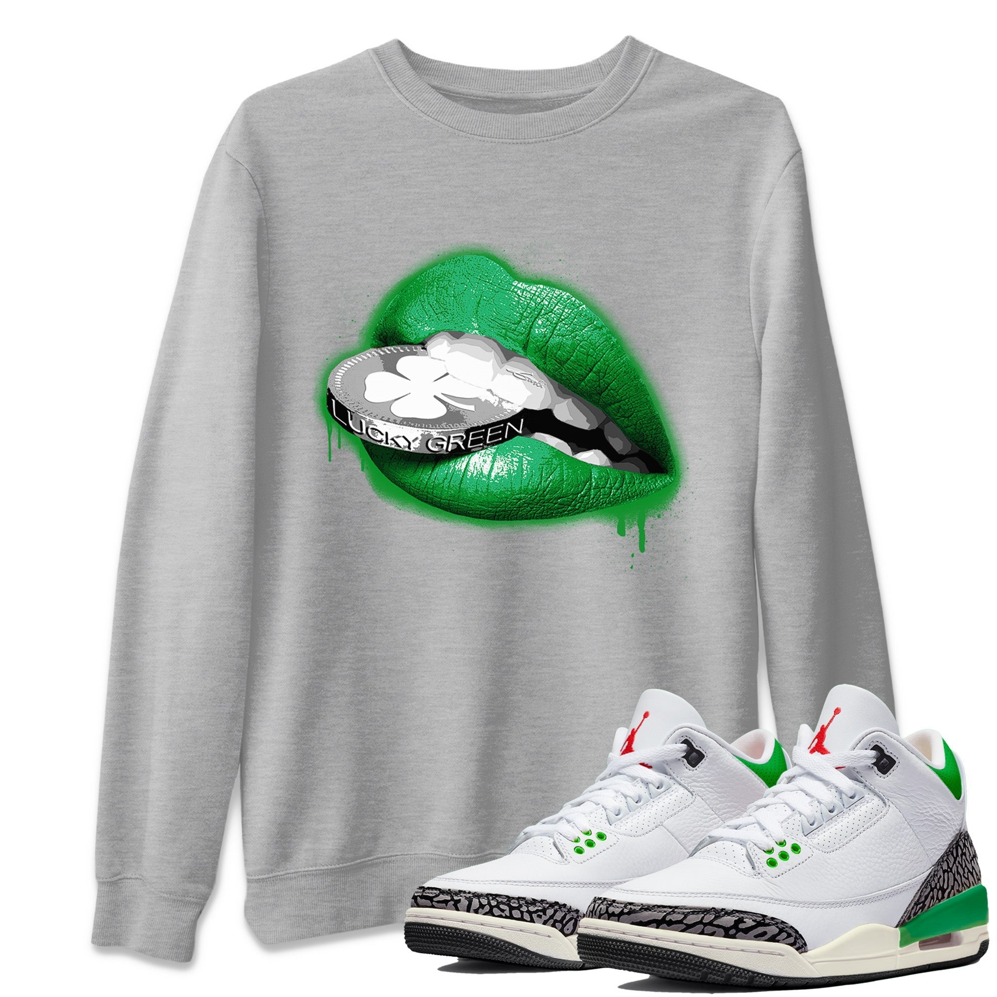 Air Jordan 3 Lucky Green Shirt To Match Jordans Lips Coin Sneaker Tees Air Jordan 3 WMNS Lucky Green Drip Gear Zone Sneaker Matching Clothing Unisex Shirts Heather Grey 1