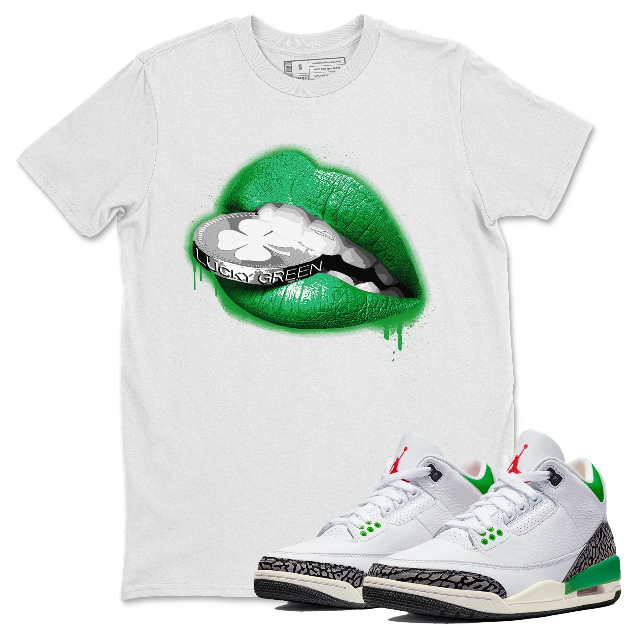 Air Jordan 3 Lucky Green Shirt To Match Jordans Lips Coin Sneaker Tees Air Jordan 3 WMNS Lucky Green Drip Gear Zone Sneaker Matching Clothing Unisex Shirts White 1