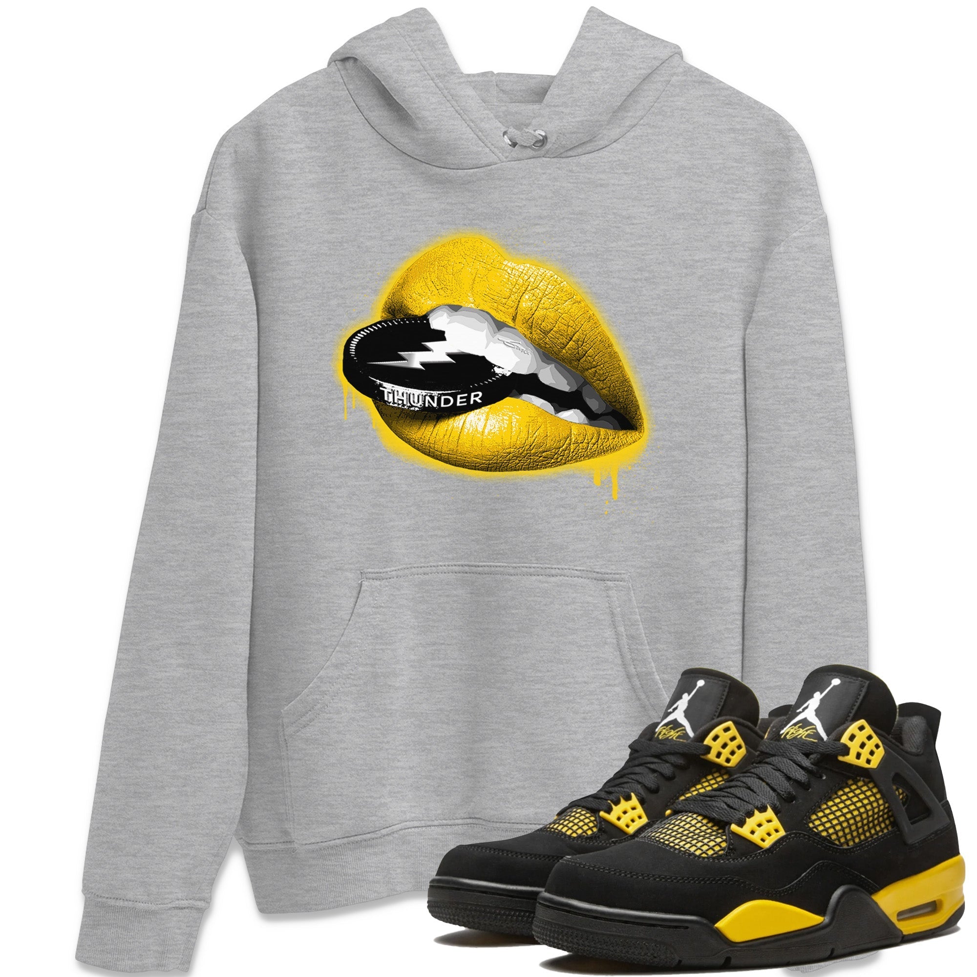 Air Jordan 4 Thunder Sneaker Match Tees Lips Coin Streetwear Sneaker Shirt Air Jordan 4 Retro Thunder Sneaker Release Tees Unisex Shirts Heather Grey 1