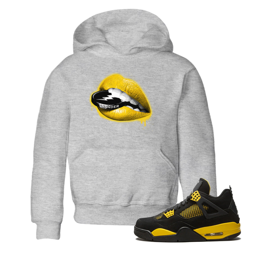 Air Jordan 4 Thunder Sneaker Match Tees Lips Coin Streetwear Sneaker Shirt Air Jordan 4 Retro Thunder Sneaker Release Tees Kids Shirts Heather Grey 1