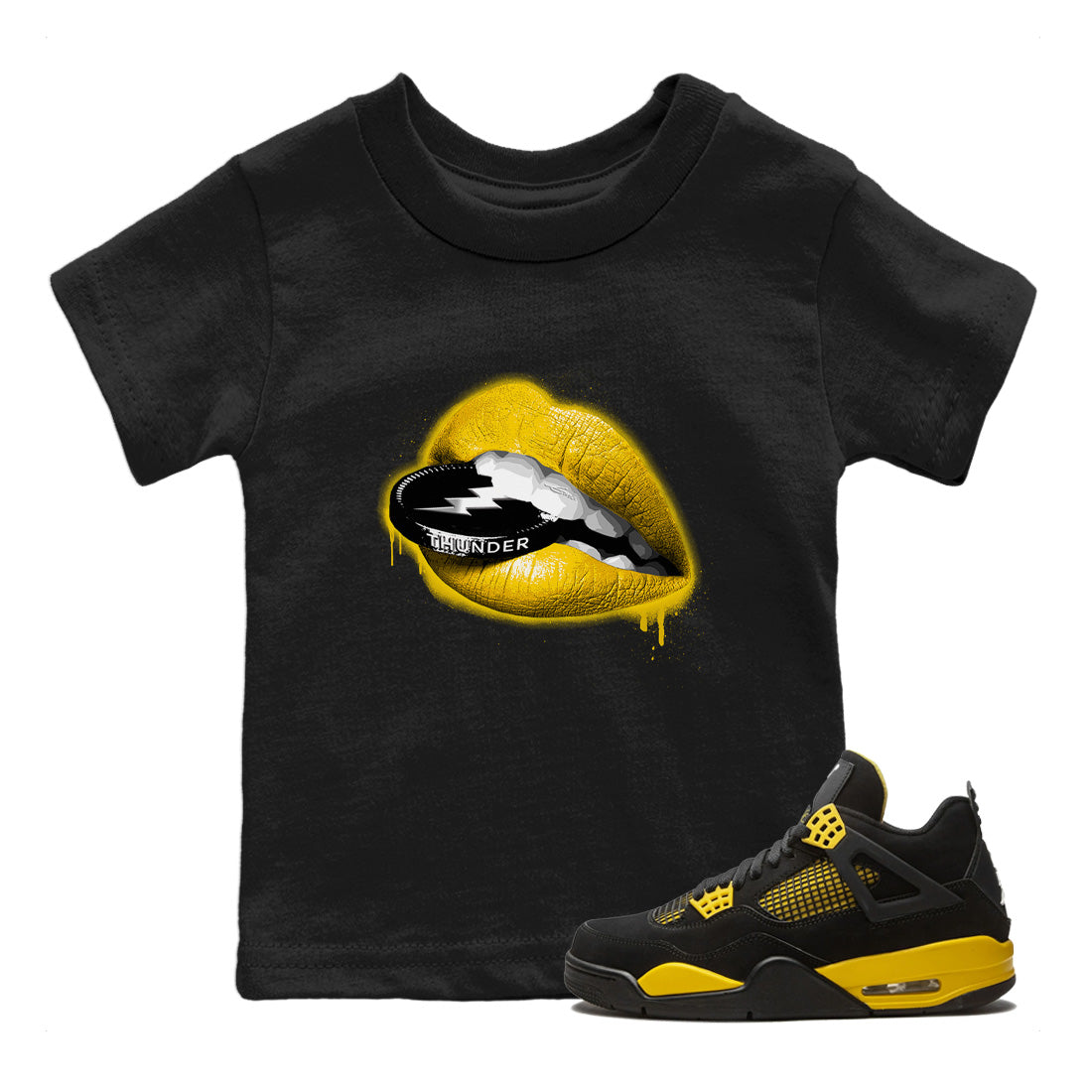 Air Jordan 4 Thunder Sneaker Match Tees Lips Coin Streetwear Sneaker Shirt Air Jordan 4 Retro Thunder Sneaker Release Tees Kids Shirts Black 1