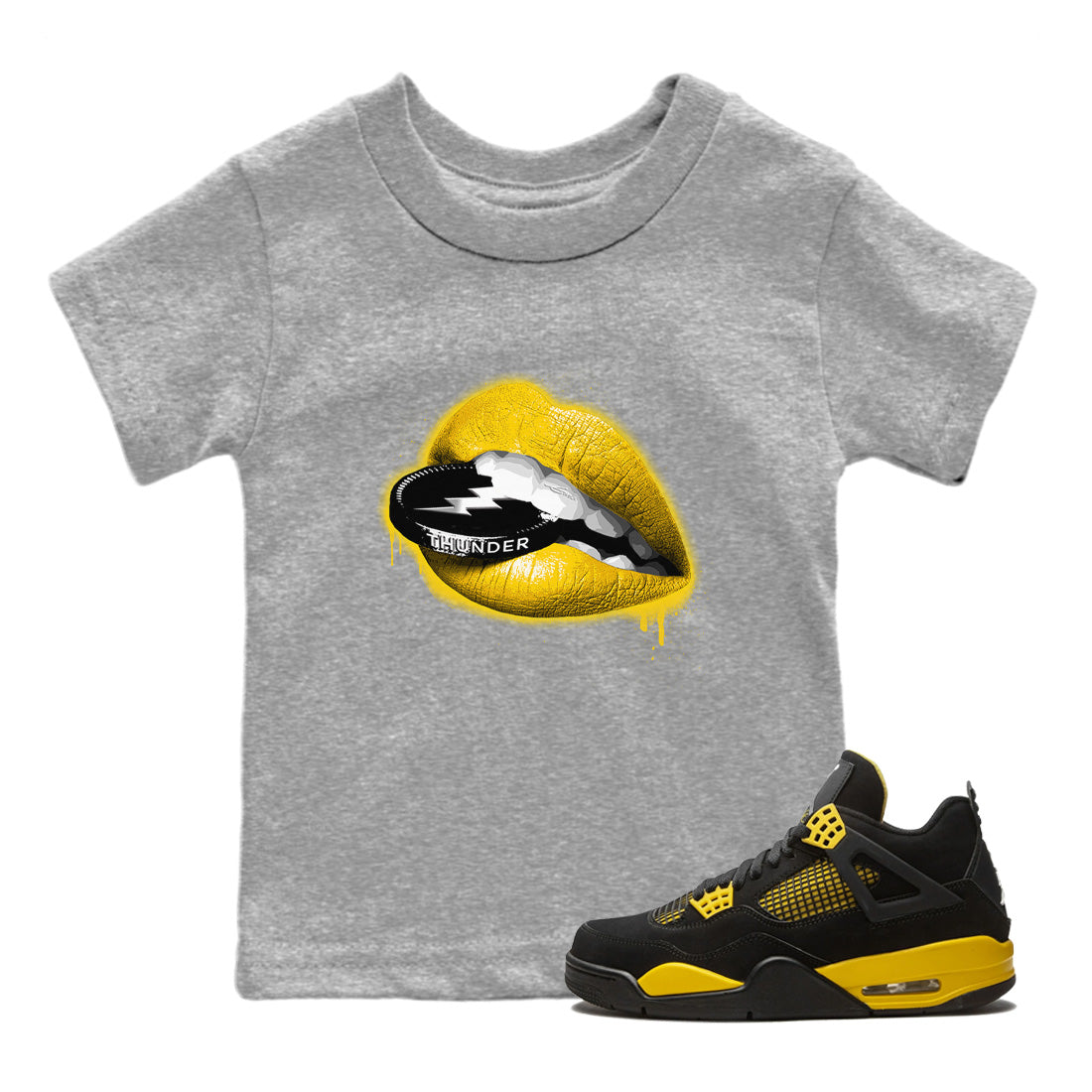 Air Jordan 4 Thunder Sneaker Match Tees Lips Coin Streetwear Sneaker Shirt Air Jordan 4 Retro Thunder Sneaker Release Tees Kids Shirts Heather Grey 1