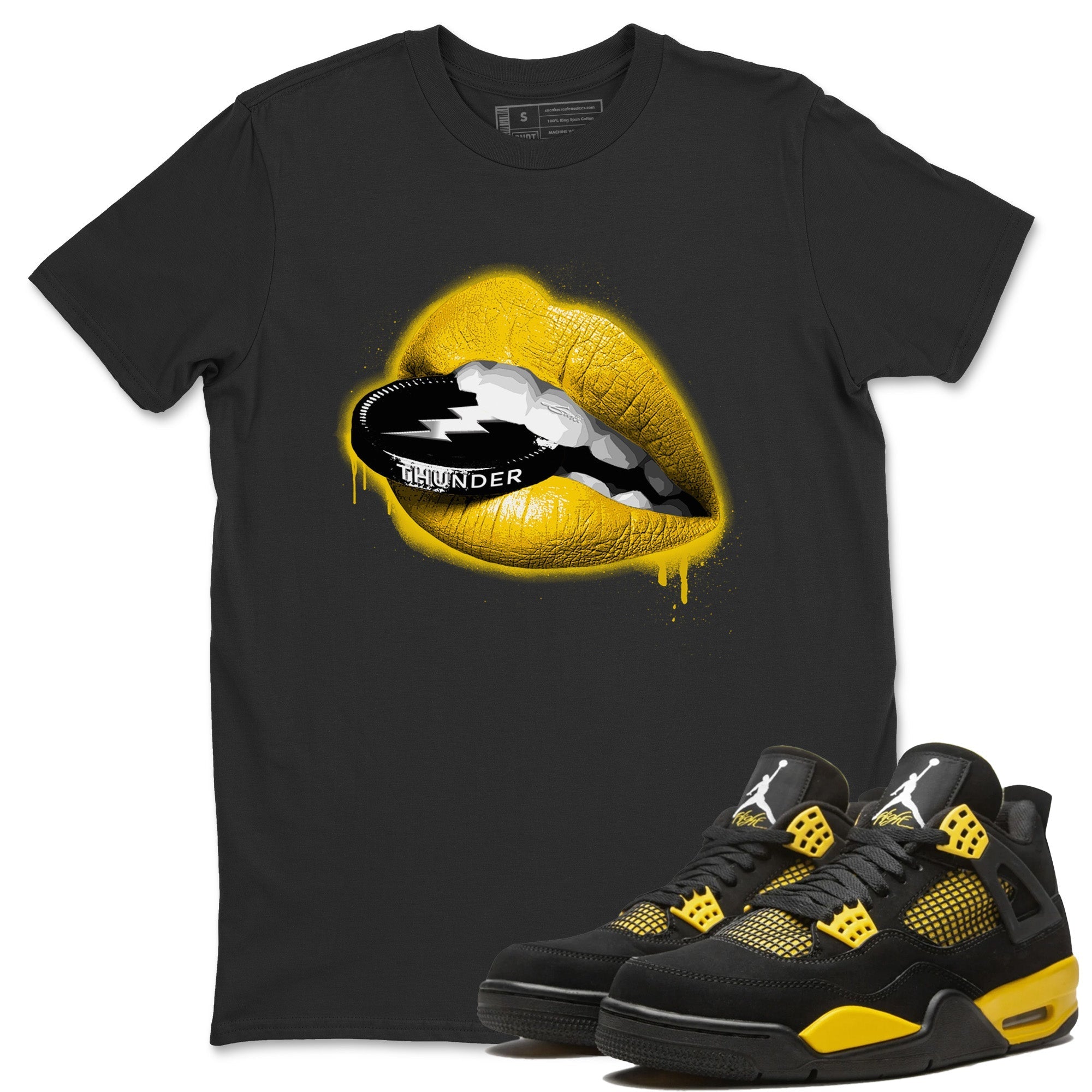 Air Jordan 4 Thunder Sneaker Match Tees Lips Coin Streetwear Sneaker Shirt Air Jordan 4 Retro Thunder Sneaker Release Tees Unisex Shirts Black 1