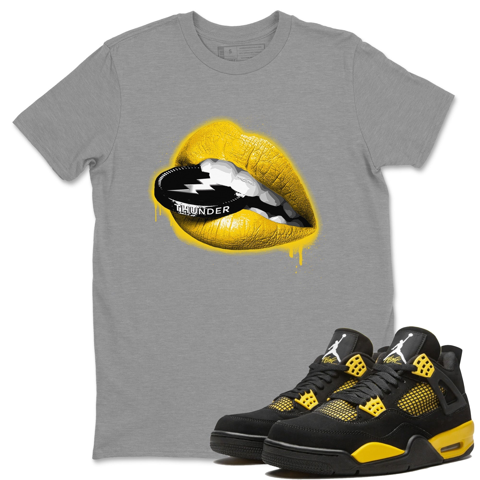 Air Jordan 4 Thunder Sneaker Match Tees Lips Coin Streetwear Sneaker Shirt Air Jordan 4 Retro Thunder Sneaker Release Tees Unisex Shirts Heather Grey 1