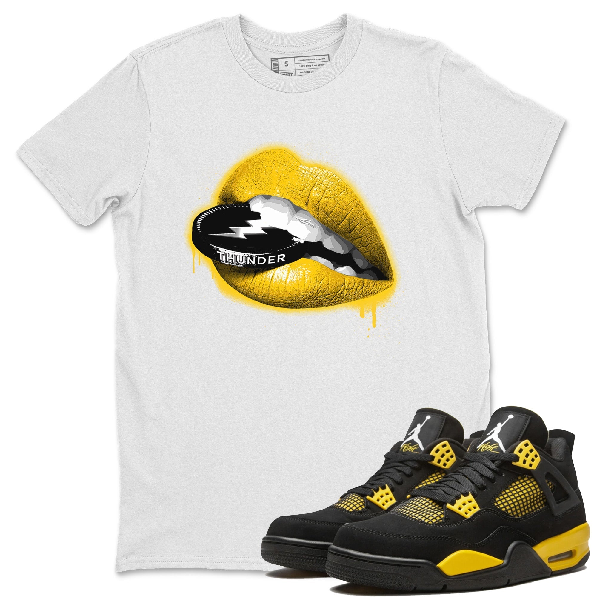 Air Jordan 4 Thunder Sneaker Match Tees Lips Coin Streetwear Sneaker Shirt Air Jordan 4 Retro Thunder Sneaker Release Tees Unisex Shirts White 1