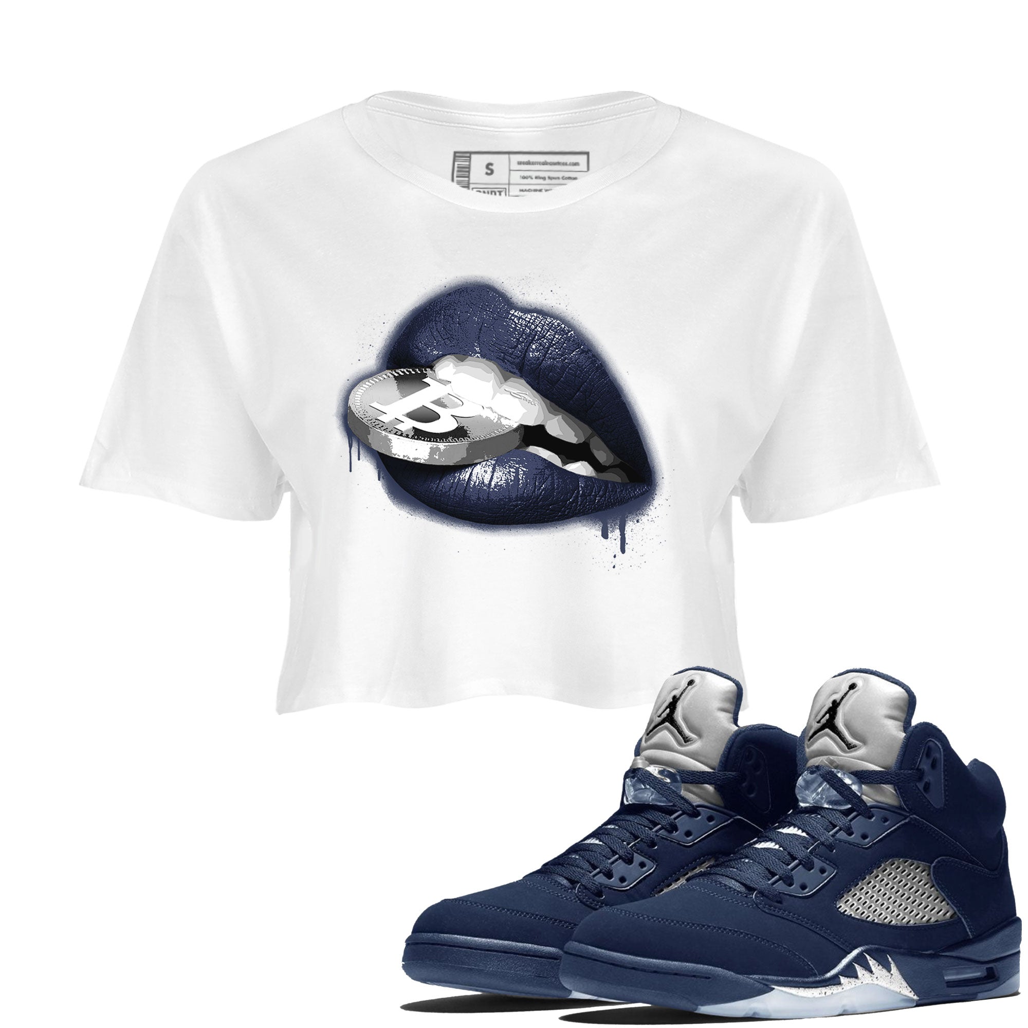 Georgetown 5s shirt to match jordans Lips Coin Streetwear Sneaker Shirt Air Jordan 5 Retro Georgetown Drip Gear Zone Sneaker Matching Clothing White 1 Crop T-Shirt