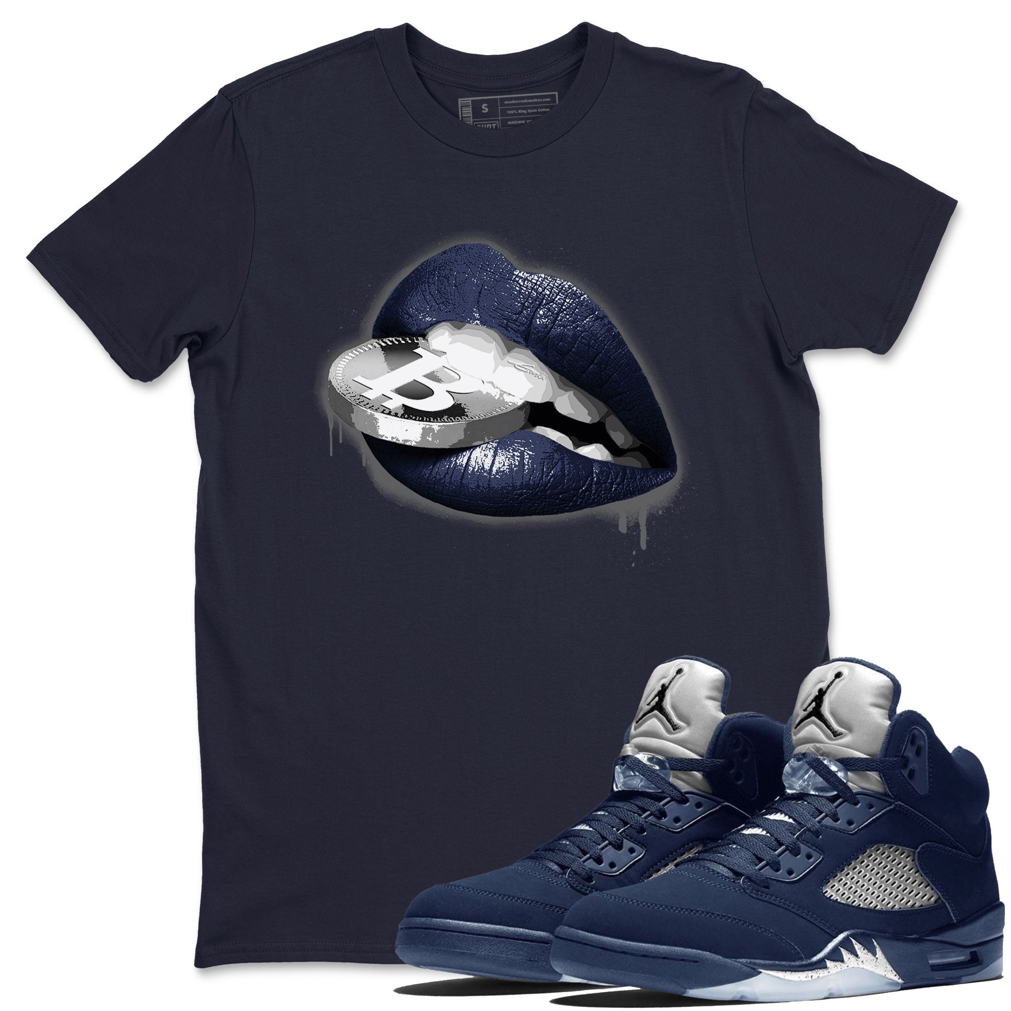 Georgetown 5s shirt to match jordans Lips Coin Streetwear Sneaker Shirt Air Jordan 5 Retro Georgetown Drip Gear Zone Sneaker Matching Clothing Unisex Navy 1 T-Shirt