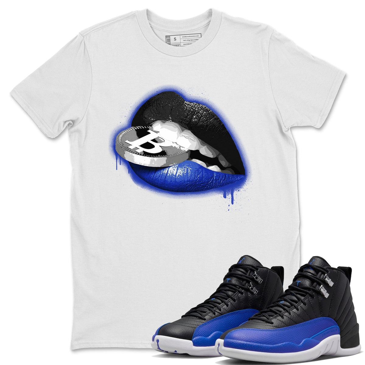 Jordan 12 Hyper Royal Sneaker Matching T-Shirt Lips Coin Sneaker Tees Jordan 12 Hyper Royal Sneaker Release Tees Crew Neck Tees