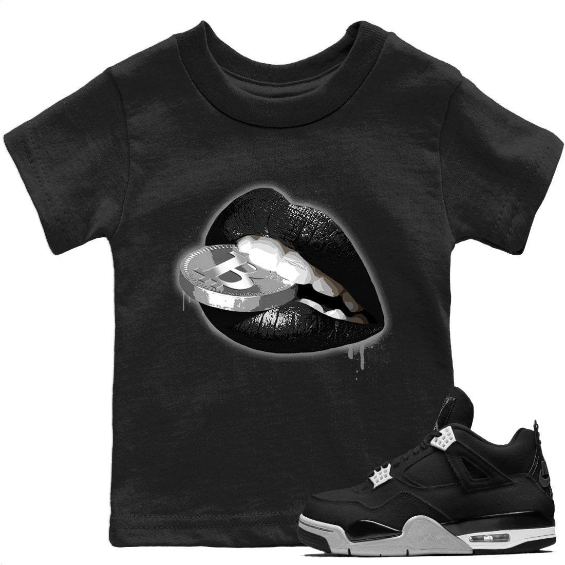 Jordan 4 Black Canvas Sneaker Matching T-Shirt Lips Coin Sneaker Tees Jordan 4 Black Canvas Sneaker Release Tees Kids Shirts