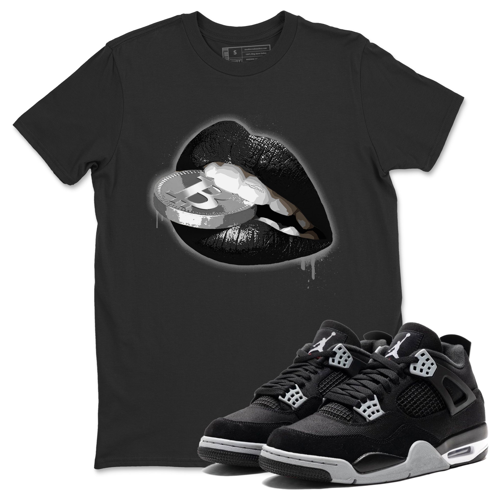 Jordan 4 Black Canvas Sneaker Matching T-Shirt Lips Coin Sneaker Tees Jordan 4 Black Canvas Sneaker Release Tees Crew Neck Tees